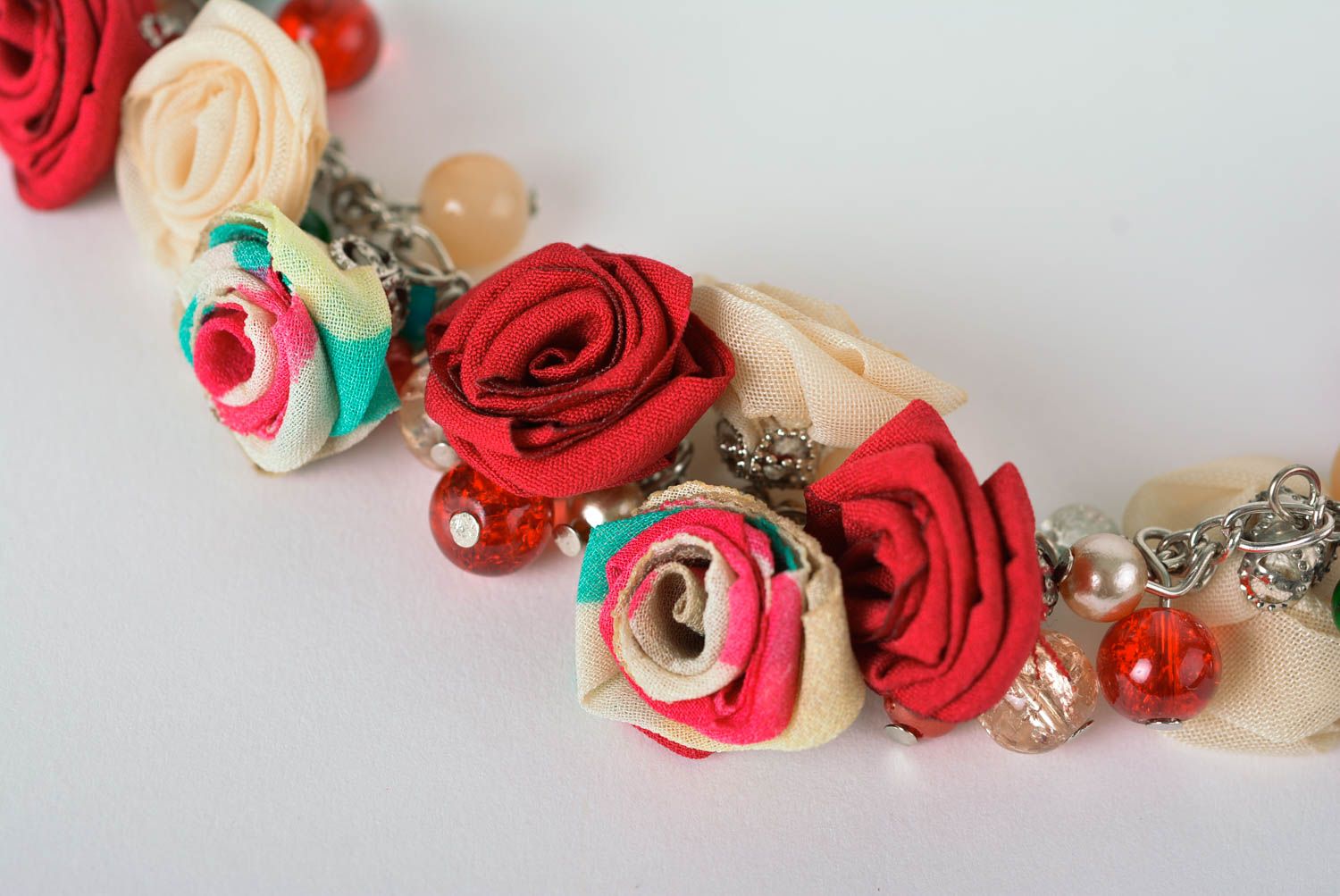 Unusual handmade fabric necklace flower earrings textile artisan jewelry set photo 2