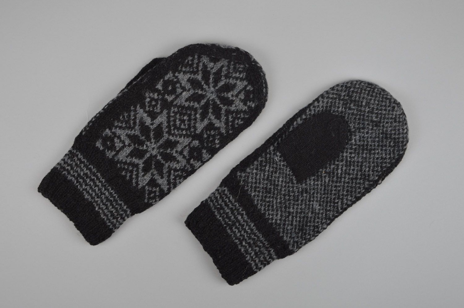 Dark gray warm homemade men's mitten knitted of sheep wool with ornaments  photo 4