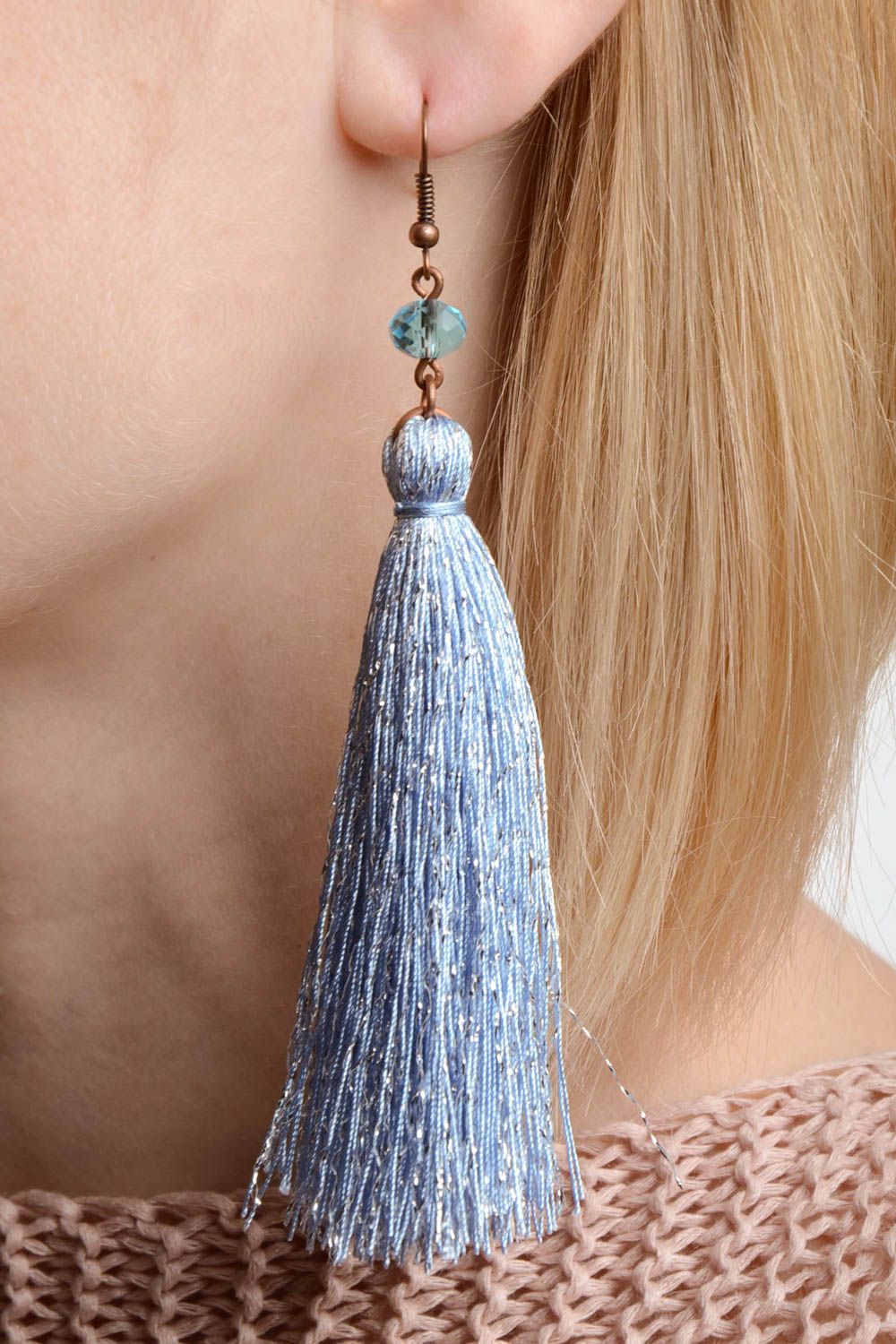 Beautiful stylish handmade blue textile tassel earrings with quartz beads photo 2