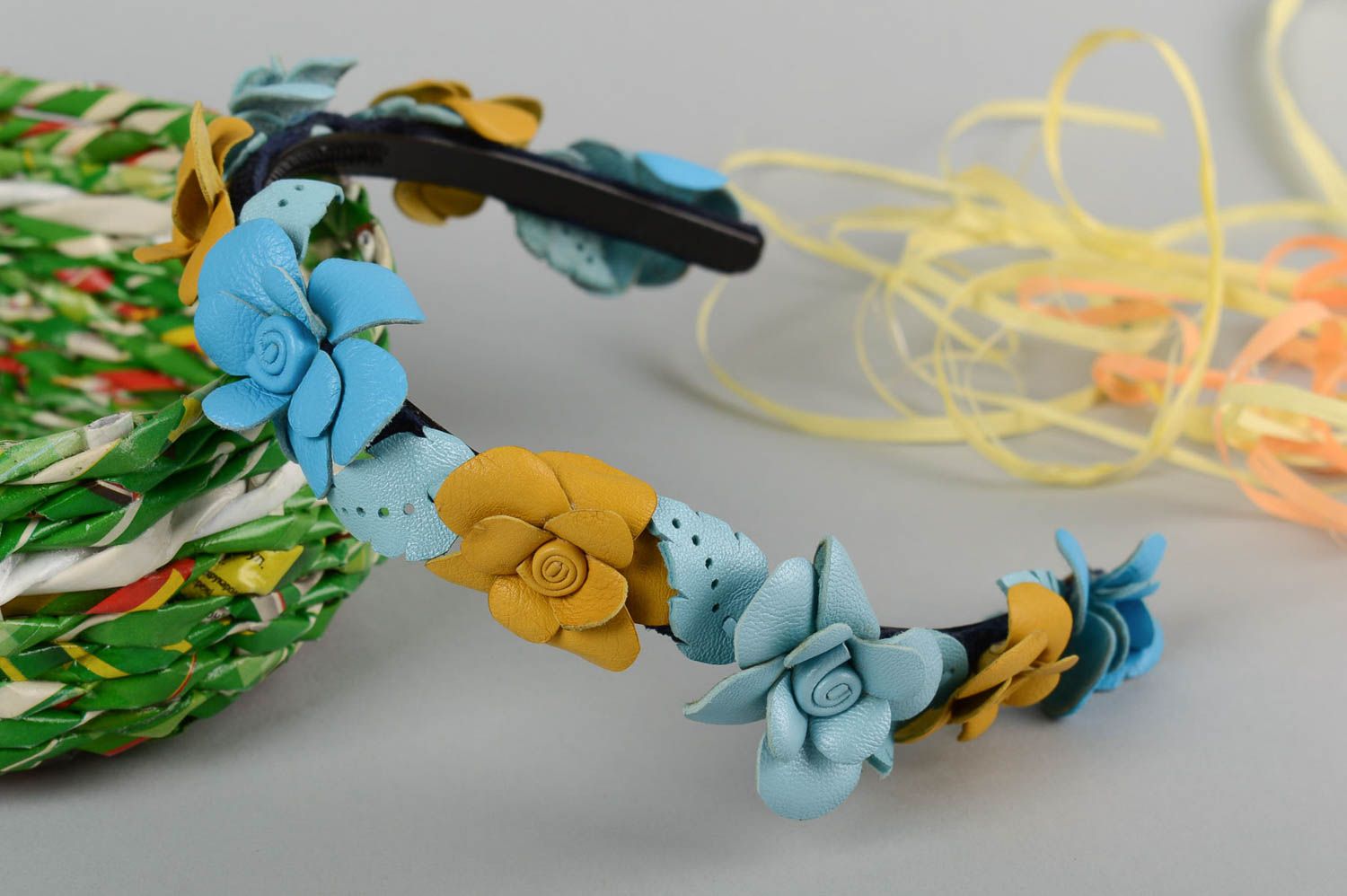 Beautiful handmade leather headband flower hair band designer hair accessories photo 1