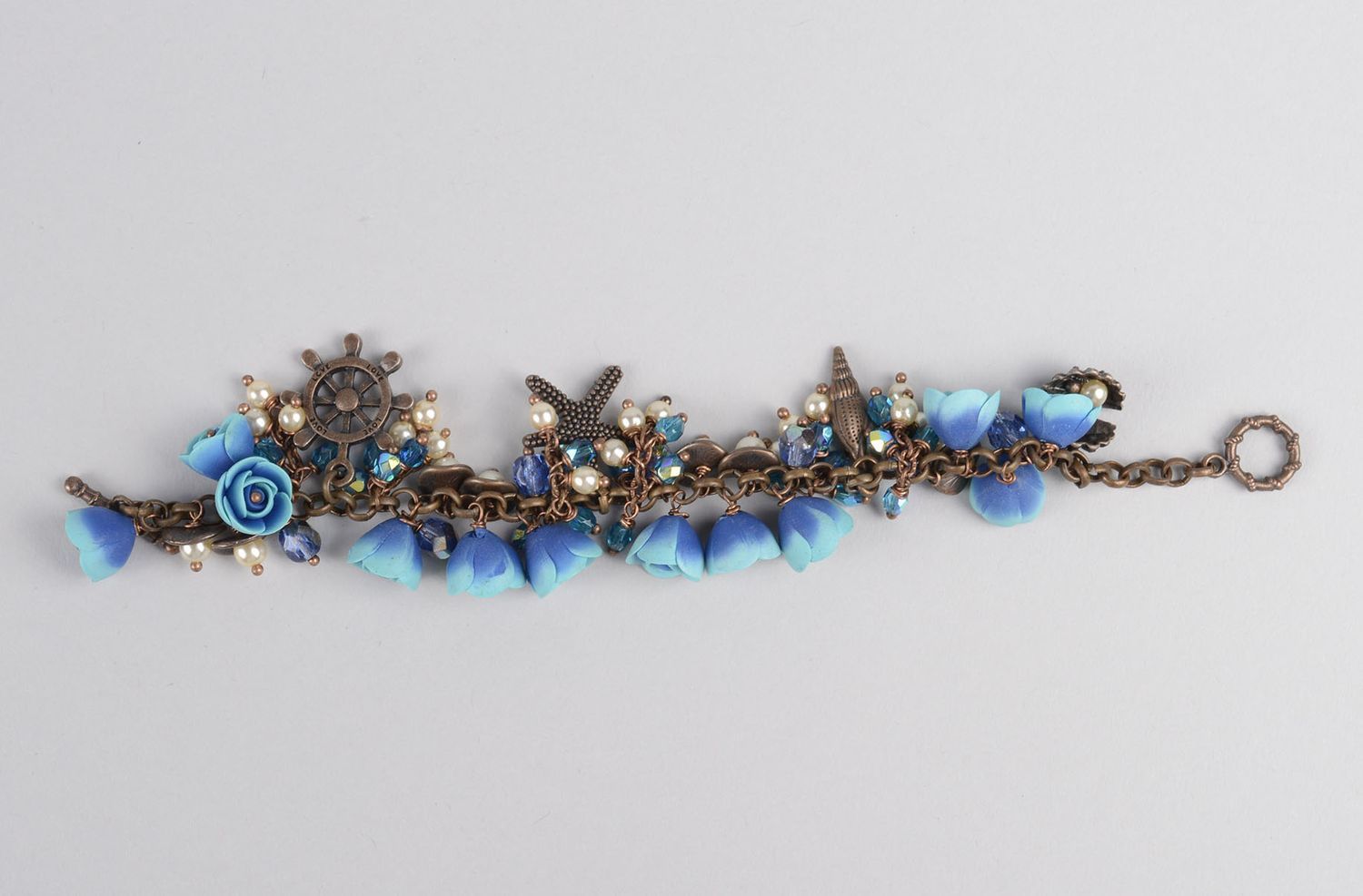 Bracelet fantaisie pâte polymère Bijou fait main fleurs bleues Accessoire femme photo 2