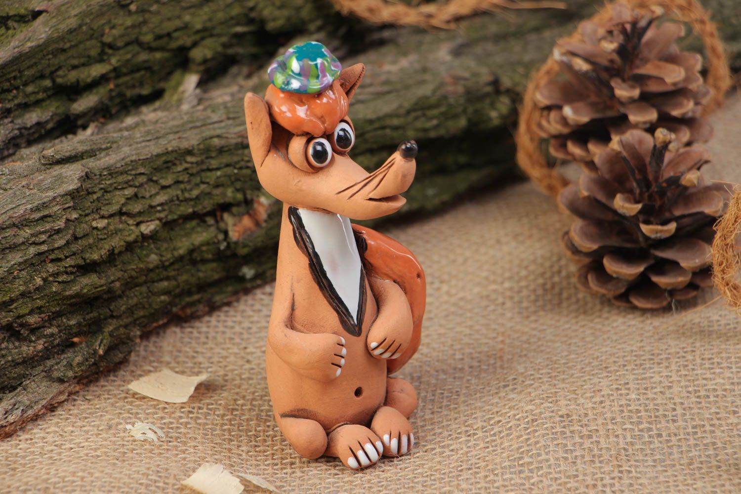 Handmade collectible ceramic miniature figurine of bright fox for interior decor photo 1