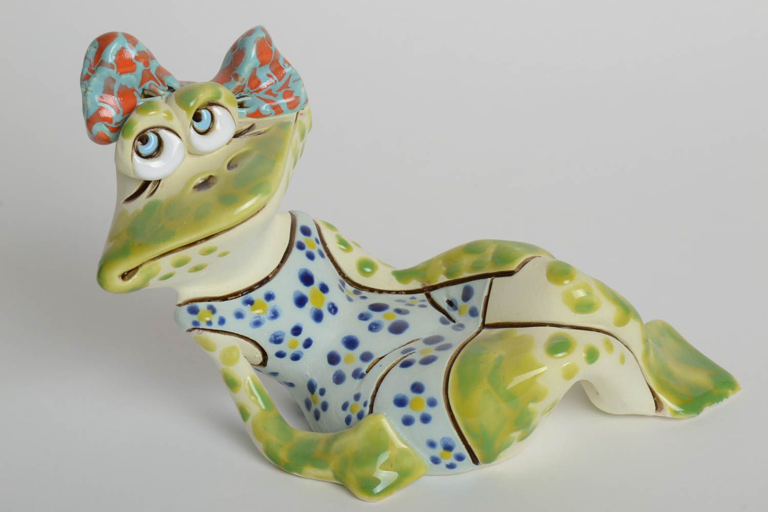 Unusual handmade statuette clay figurine frog colorful designer home decor photo 2