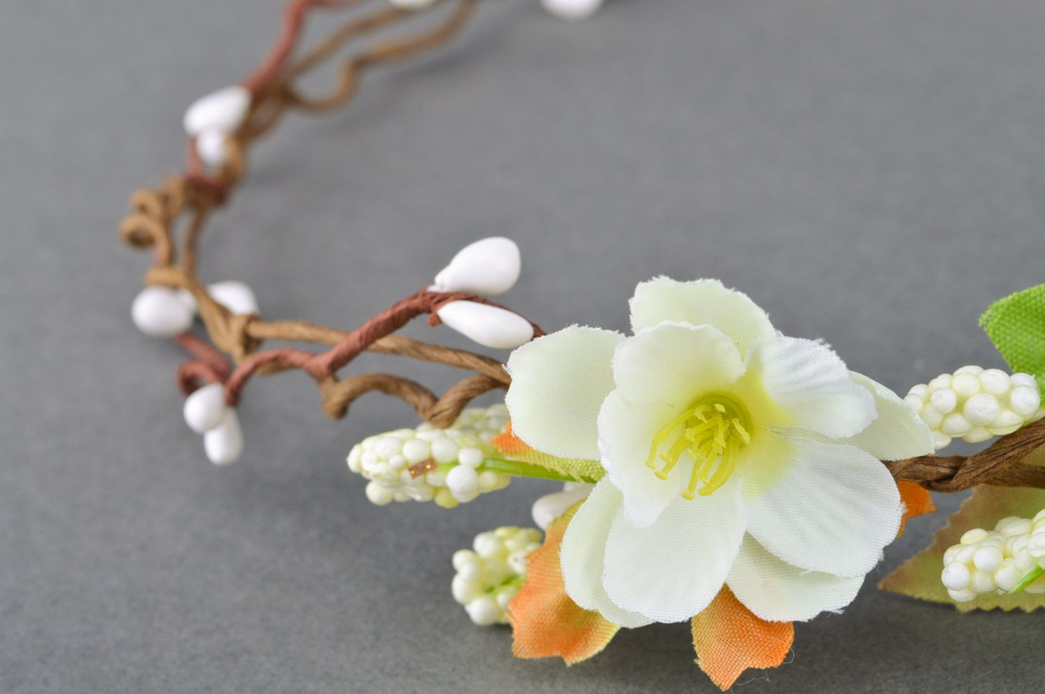 Tender homemade headband with artificial  white flowers Cherry Blossom photo 4