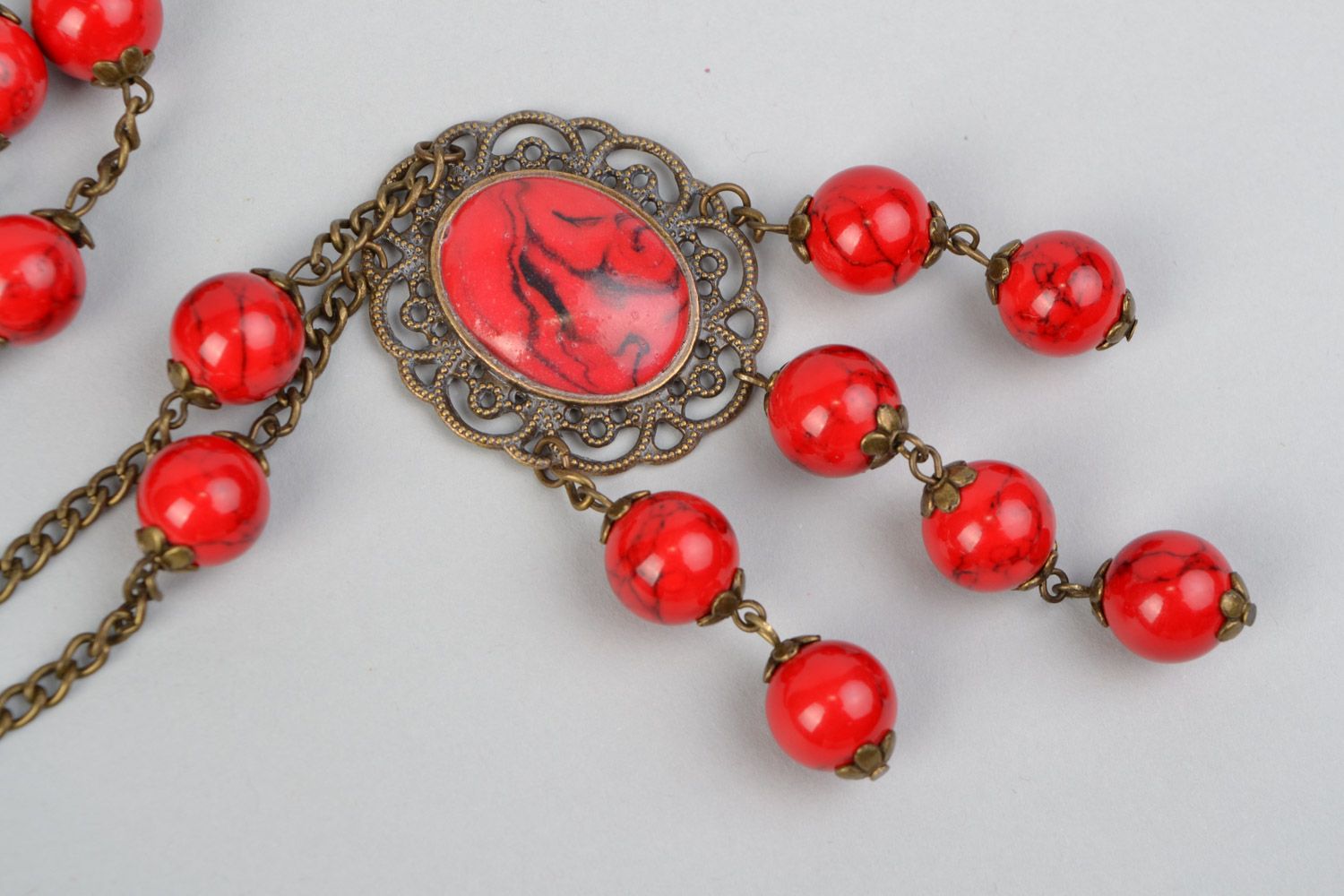 Handmade long red necklace with howlite and polymer clay cabochon on long chain photo 3