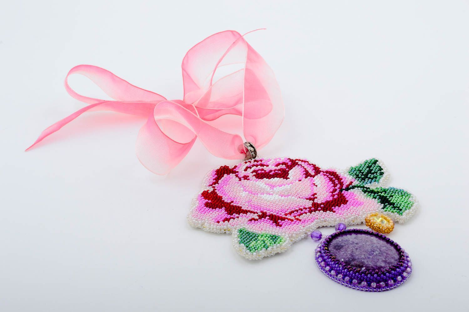 Handmade Damen Collier Glasperlen Schmuck massiv Geschenk für Frauen Rose foto 2