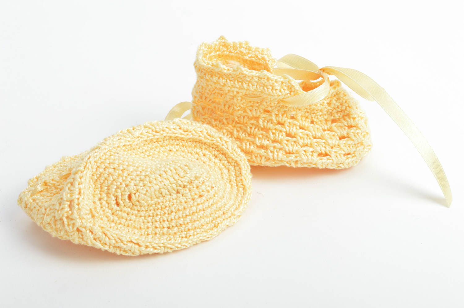 Yellow cute crocheted baby booties with bows made of cotton for little girls photo 5