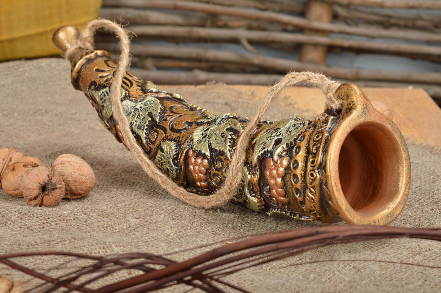 Corne d'abondance en terre cuite peinte à suspendre décorative faite main photo 1