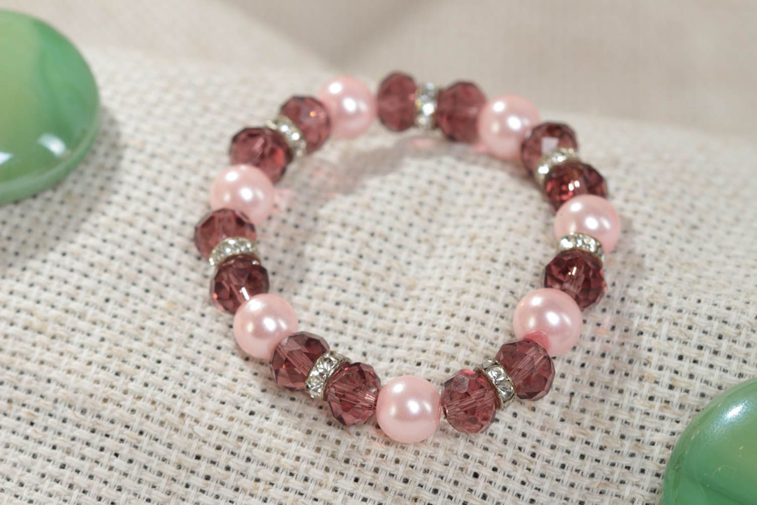 Handmade children's design pink bracelet with crystal and ceramic beads photo 1