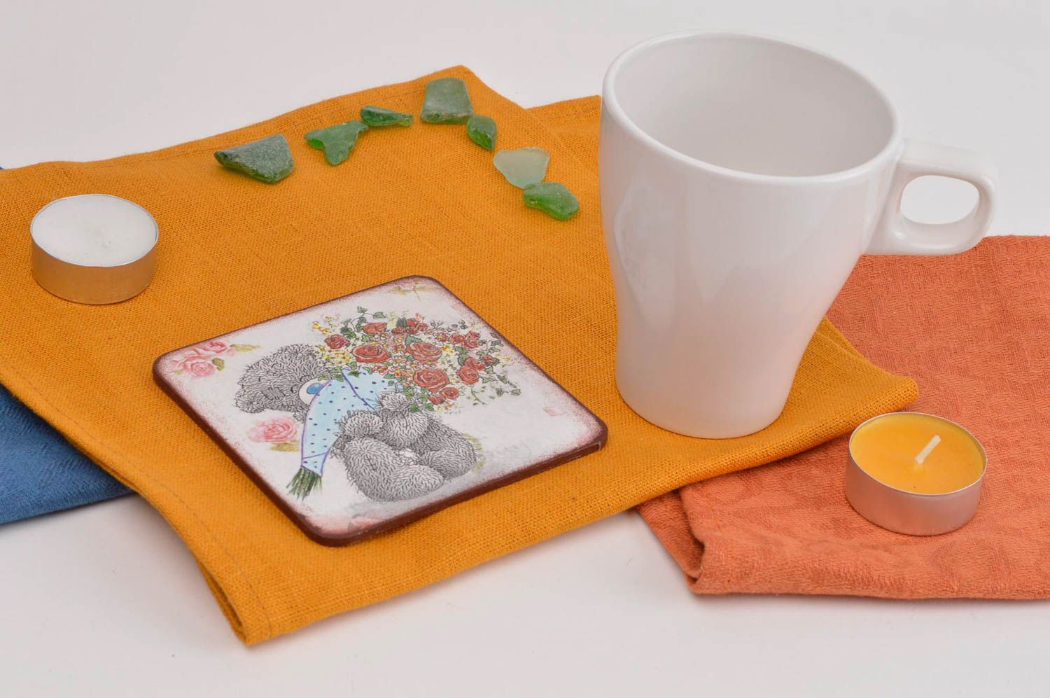 Stand for cup handmade stand dish coaster decor decoupage Bear with flowers photo 1