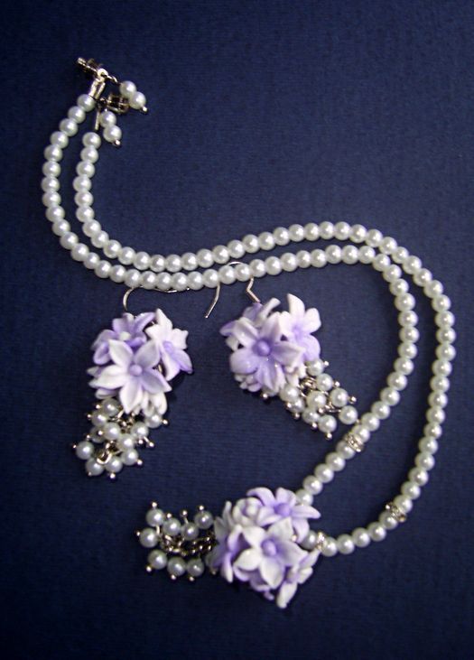 Set de joyas original de arcilla polimérica artesanal y perlas del río naturales Ternura foto 1