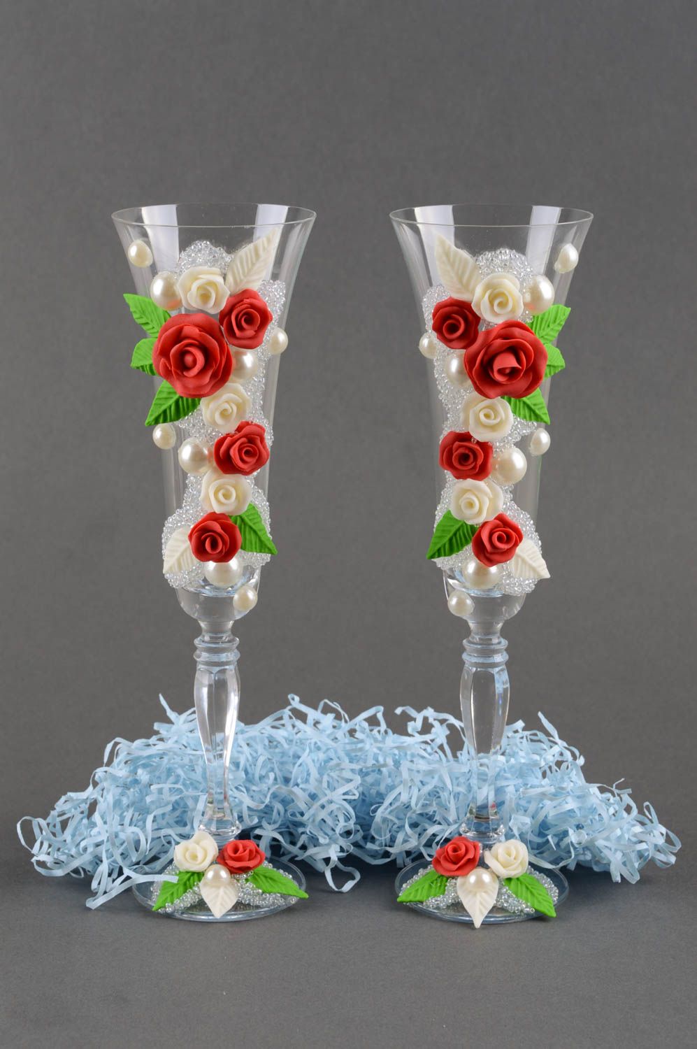 Свадебные бокалы изделия ручной работы авторские бокалы с розами и жемчугом фото 1