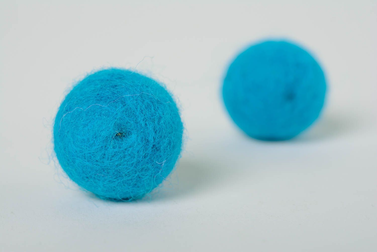 Handmade bright blue ball shaped dangling earrings felted of natural wool photo 4