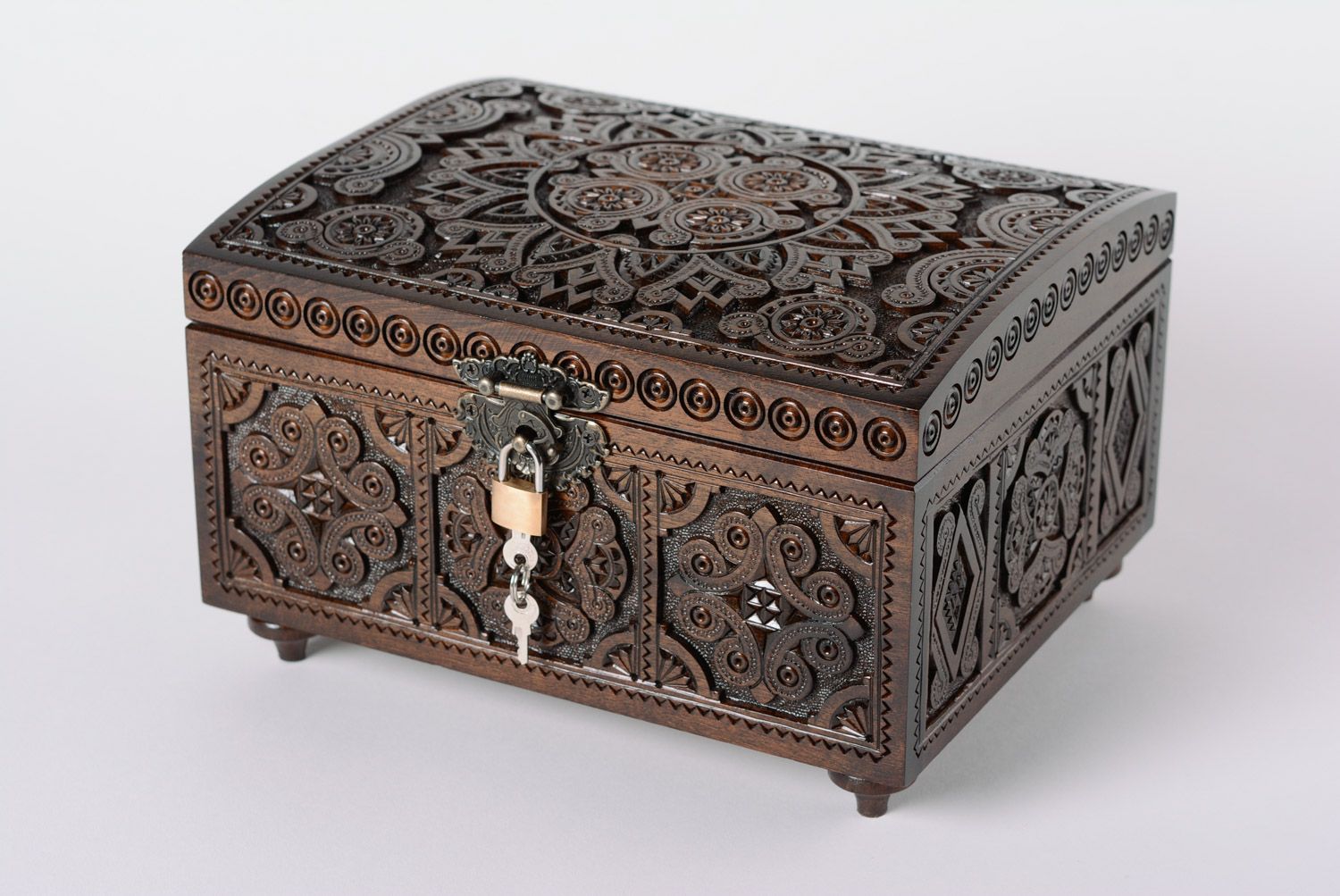 Large brown handmade carved wooden jewelry box with lid and legs photo 2