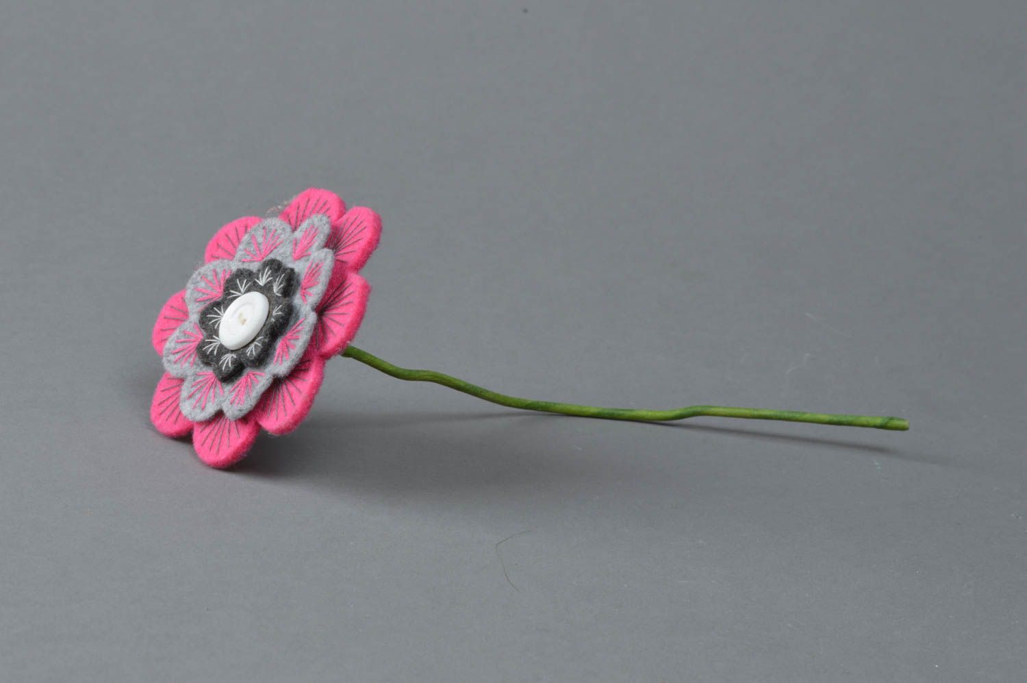 Handmade artificial pink and gray felt flower with button for interior decoration photo 1