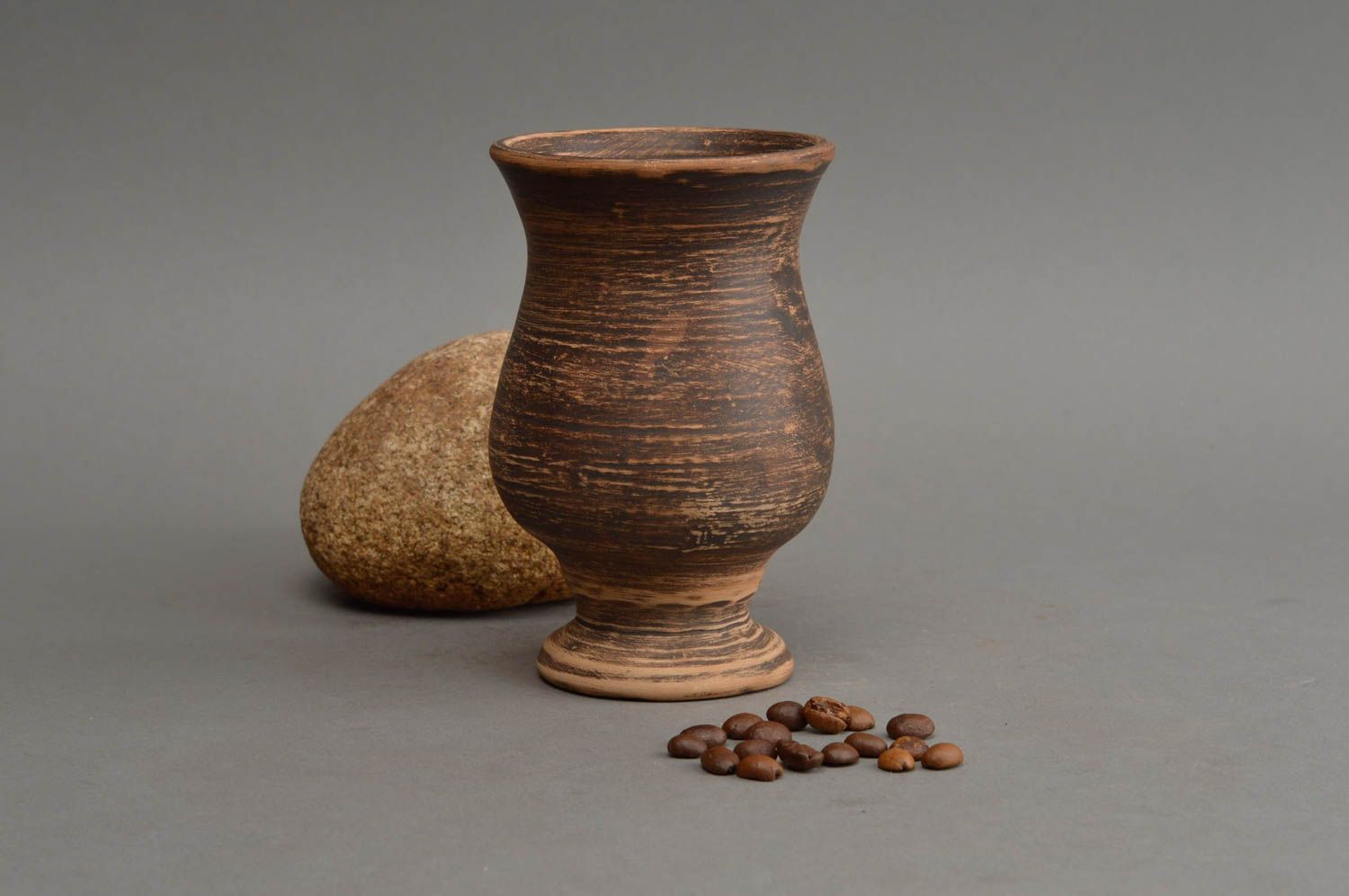 Handmade dark brown ceramic goblet in ethnic style for wine 200 ml eco friendly photo 1
