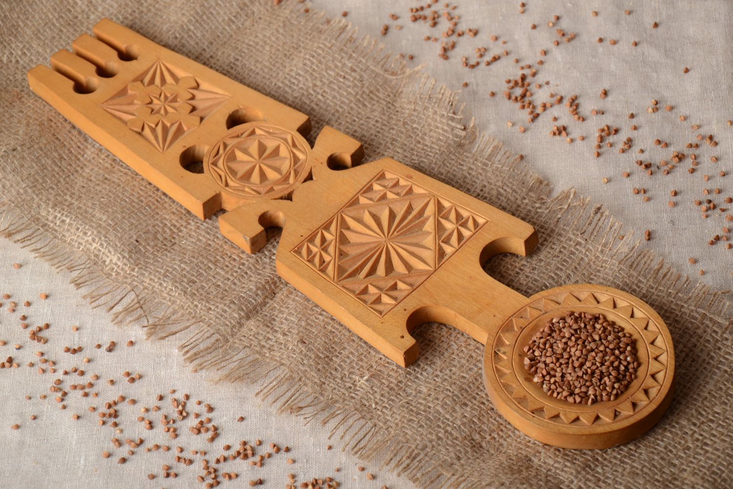 Large handmade wall hanging wooden spoon with rich carved ornament in ethnic style photo 1