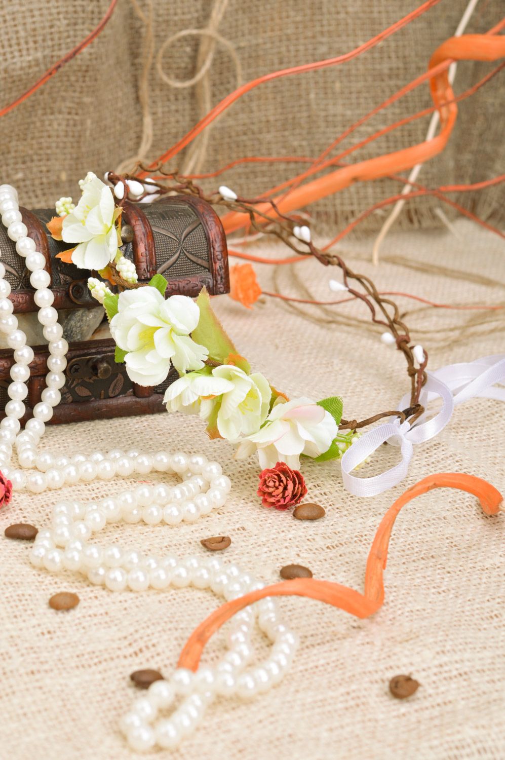 Tender homemade headband with artificial  white flowers Cherry Blossom photo 1