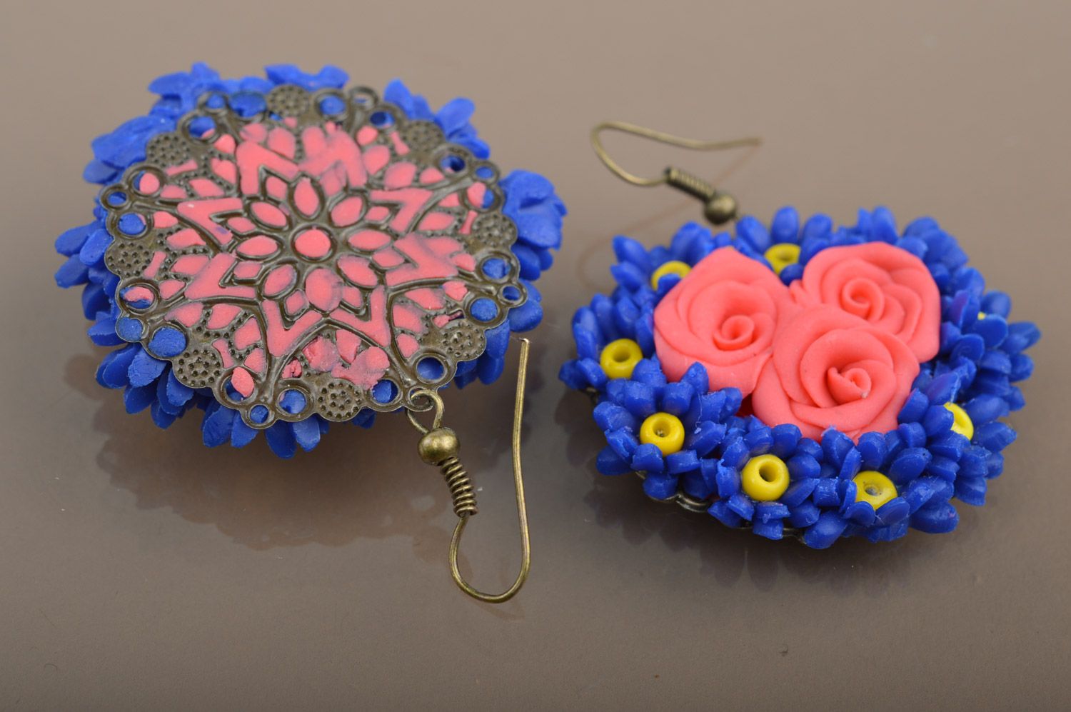 Large pink and blue handmade polymer clay flower earrings photo 5