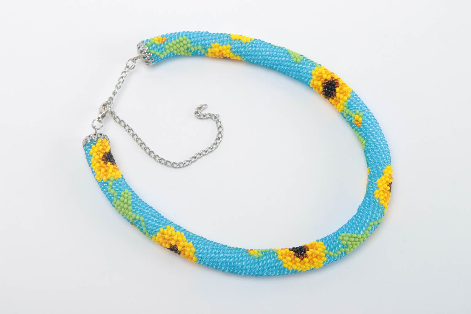 Collier spirale Bijou fait main bleu et jaune perles de rocaille Cadeau femme photo 2