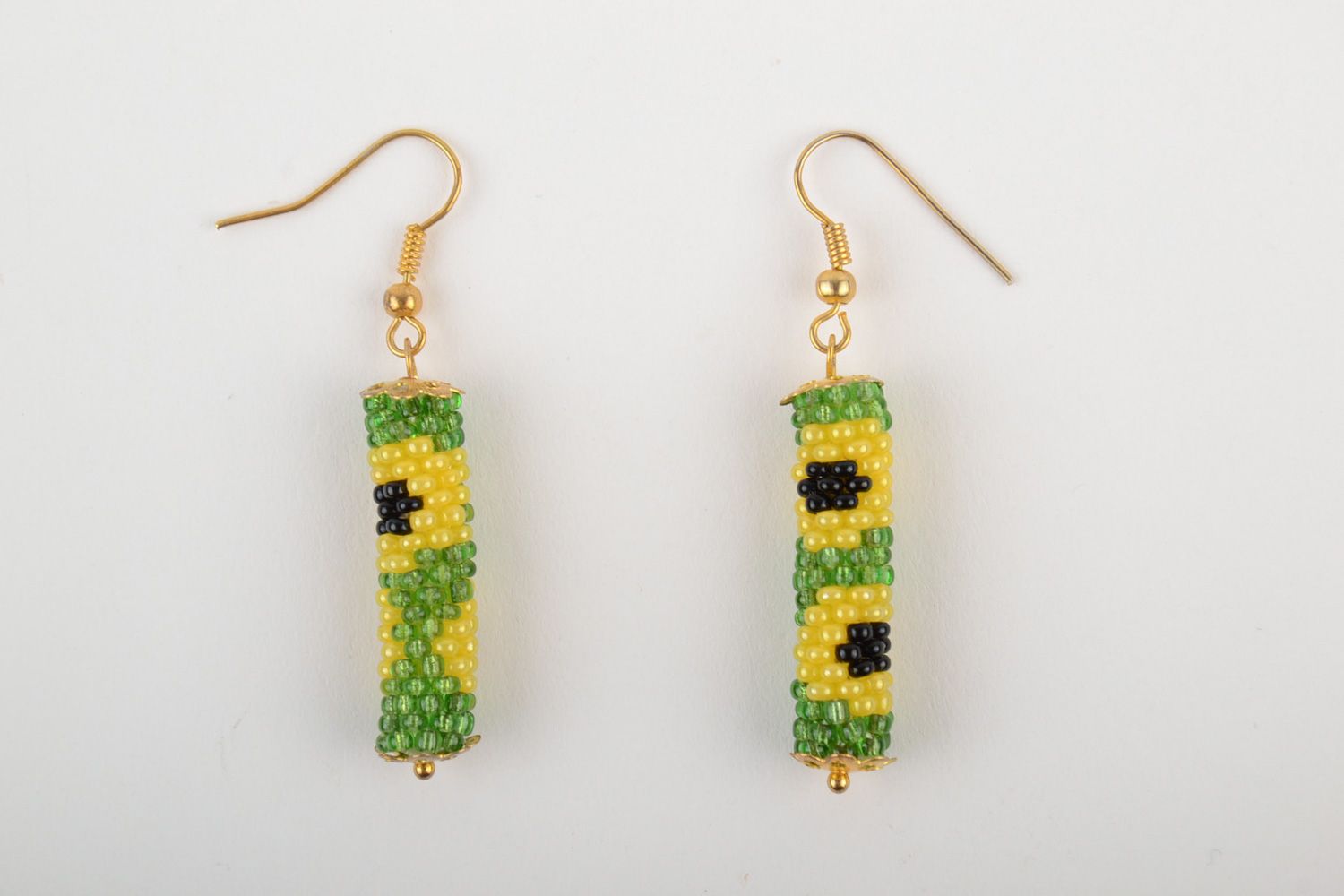 Handmade dangle earrings crocheted of Czech beads in spring color palette photo 5