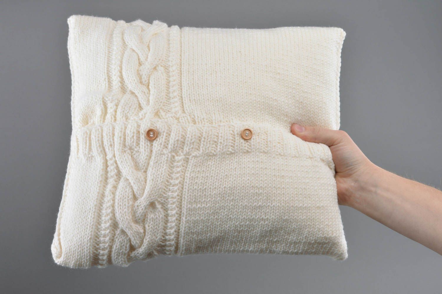 Beautiful large white handmade knitted soft cushion for interior decor photo 4