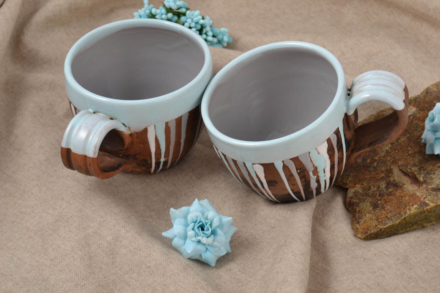 Set of 2 two handmade coffee cups with handle and blue glaze photo 1