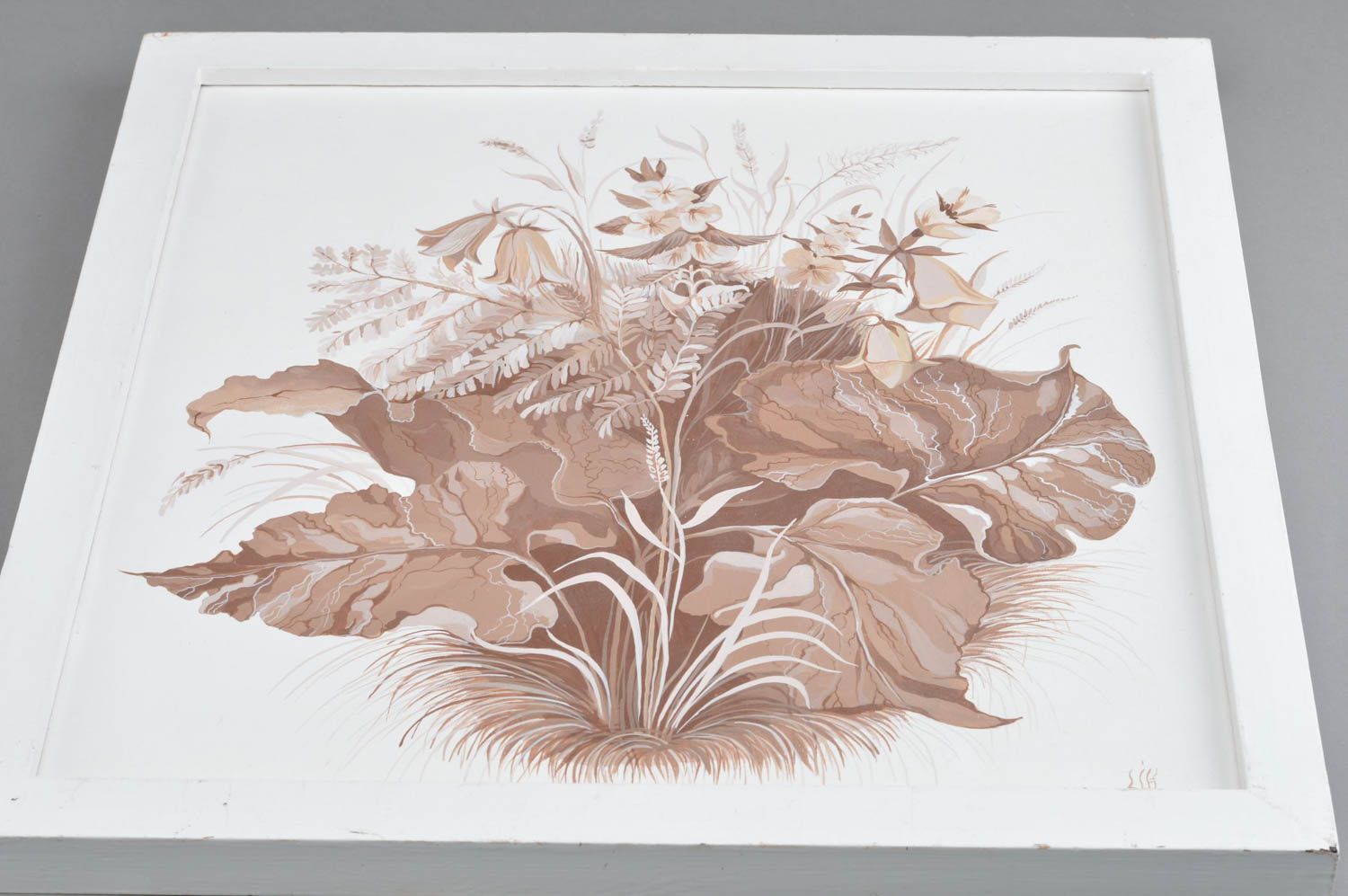 Tableau sur toile fait main contemporain cadre blanc en bois Buisson marron photo 2