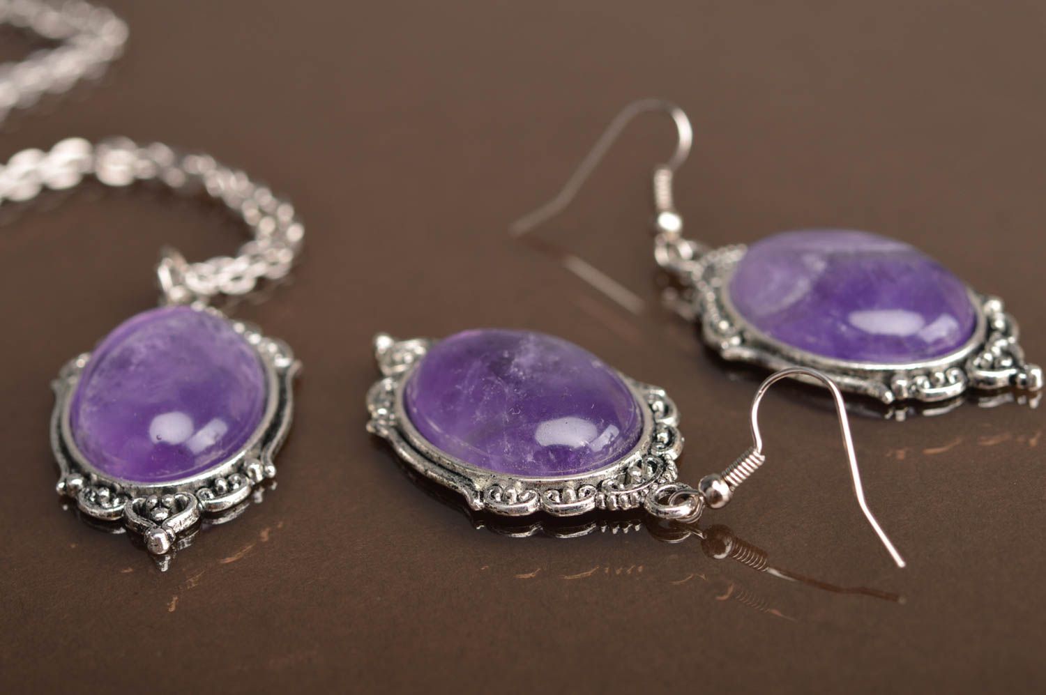 Beautiful handmade jewelry set metal pendant and earrings with lilac stones photo 2