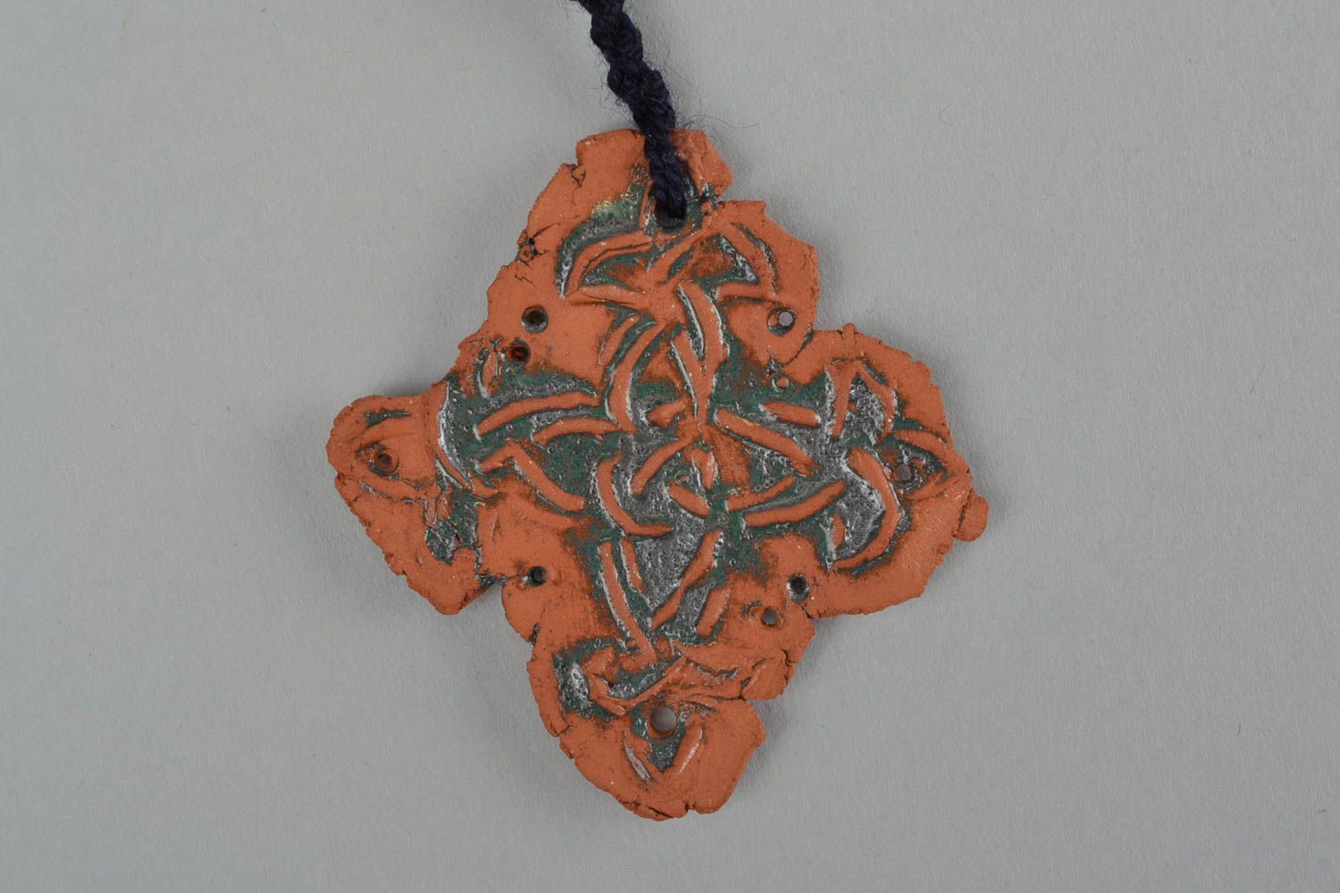 Handmade large ceramic pendant with ornament on cord ethnic jewelry for women photo 4