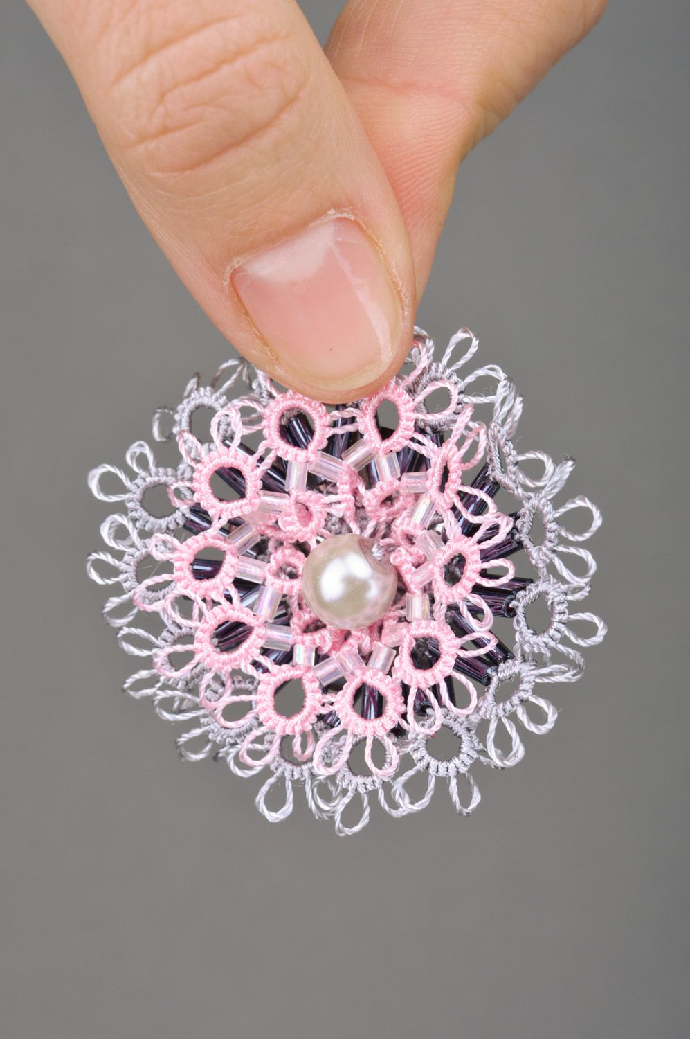 Handmade textile woven tatting flower brooch of gray and pink colors photo 2