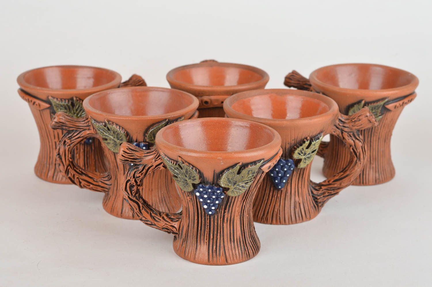Tassen Set aus Keramik 6 Stück aus Ton in Braun mit Bemalung handmade 150 ml foto 1