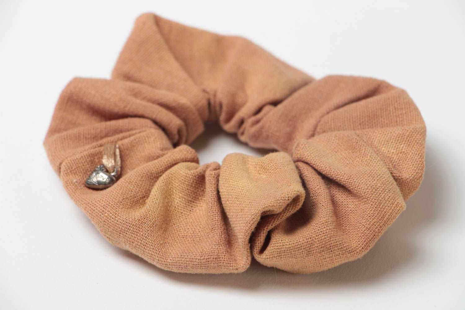 Handmade decorative elastic hair band sewn of linen fabric of coffee color photo 3