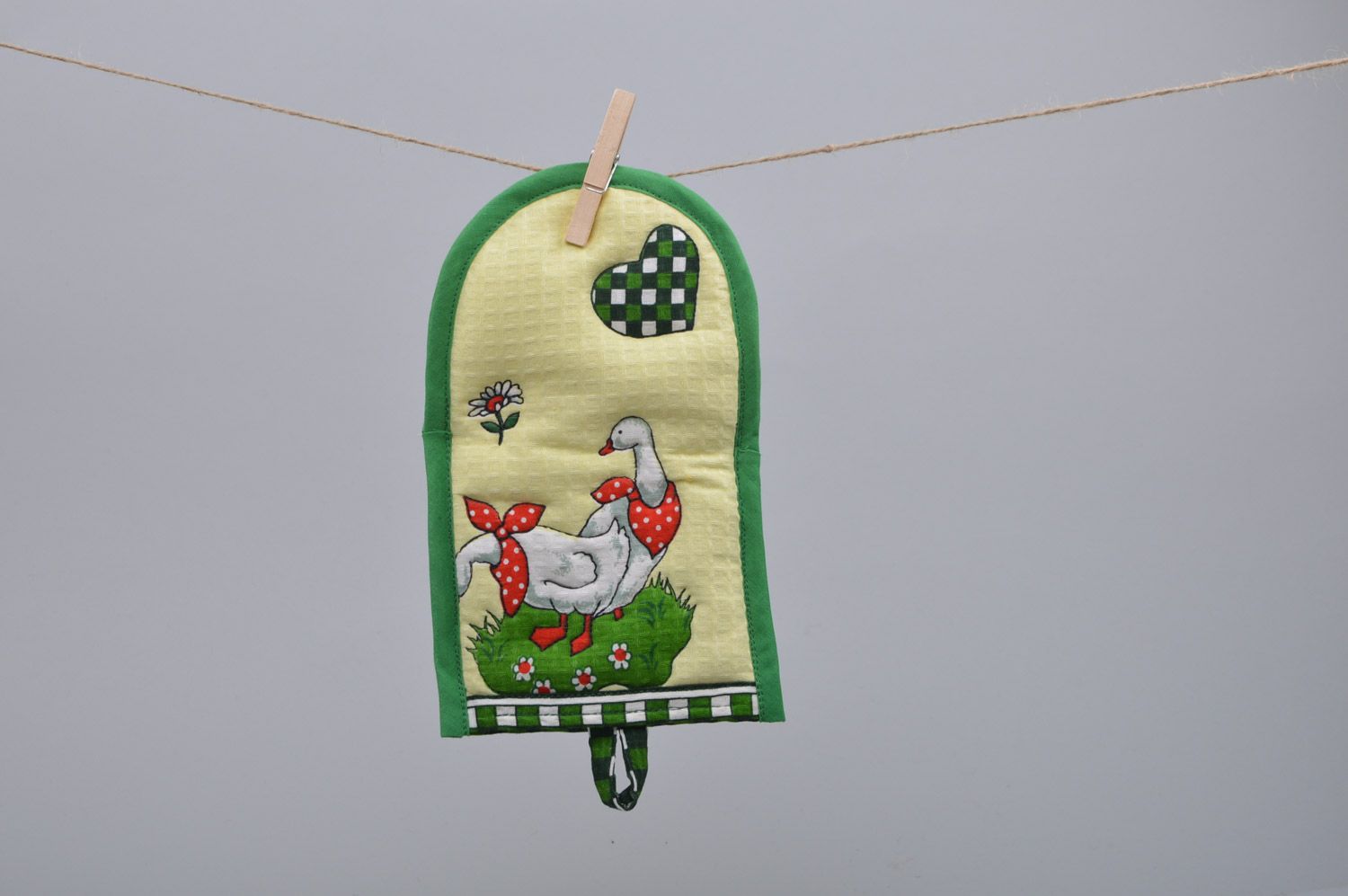 Cute handmade oven mitten sewn of colorful cotton fabric with geese image   photo 5