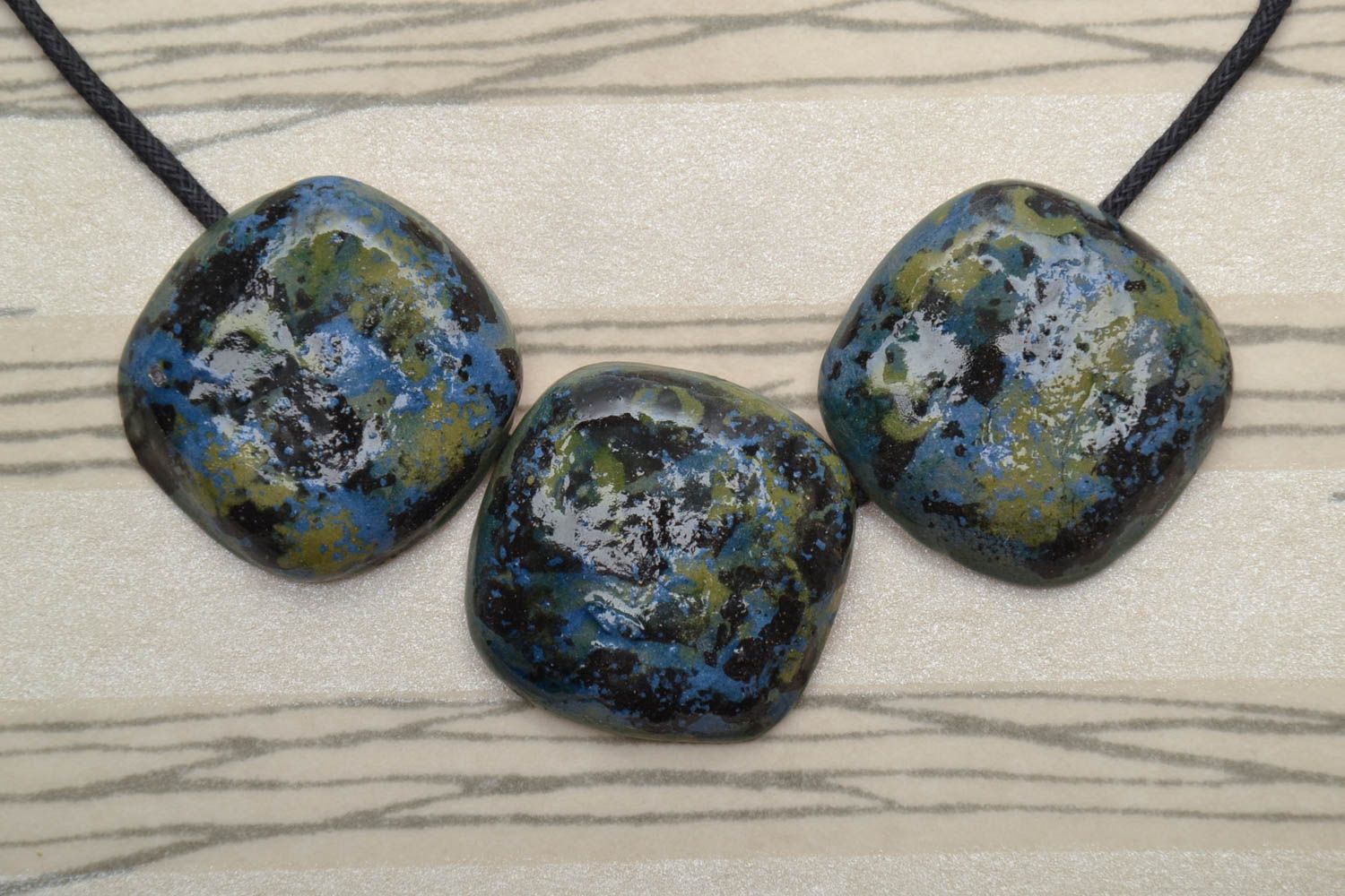 painted ceramic bead necklace with waxed cord photo 1