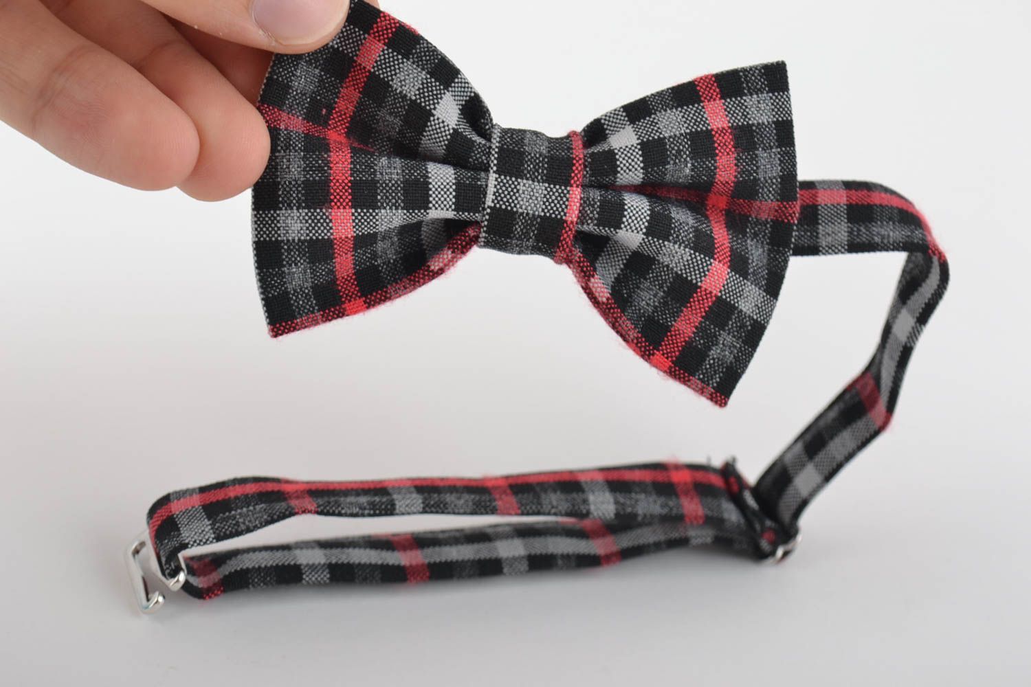 Unusual handmade children's checkered cotton fabric bow tie photo 5