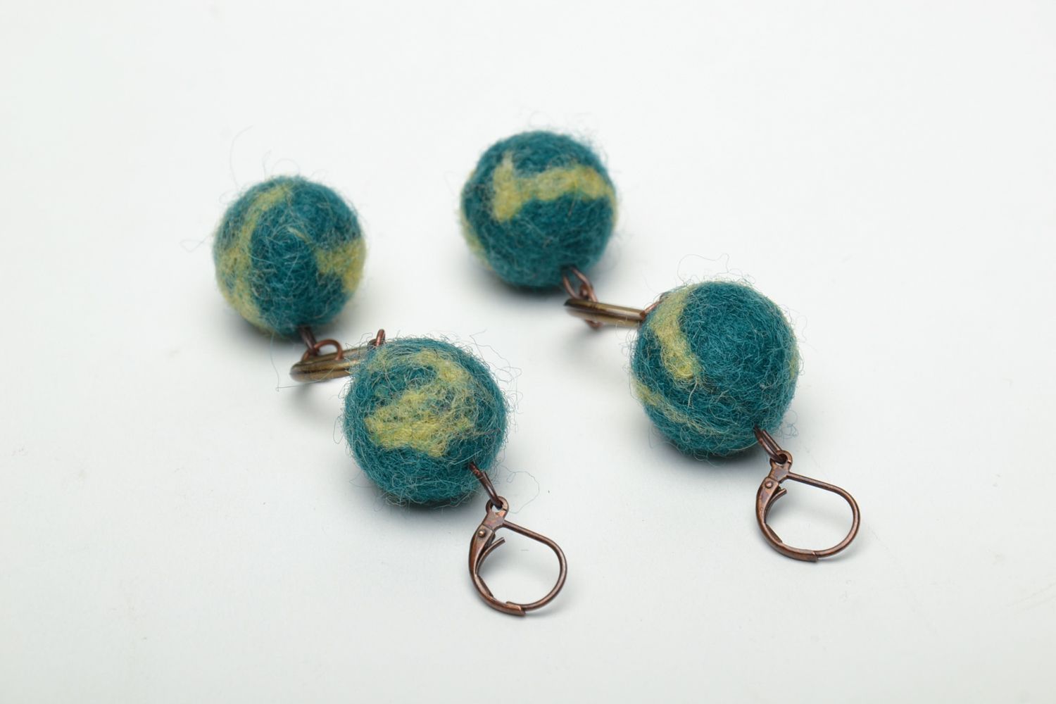 Blue felted wool long earrings photo 5