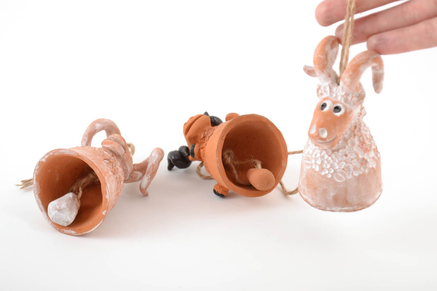 Set of 3 handmade designer ceramic figured bells in the shape of lambs photo 2