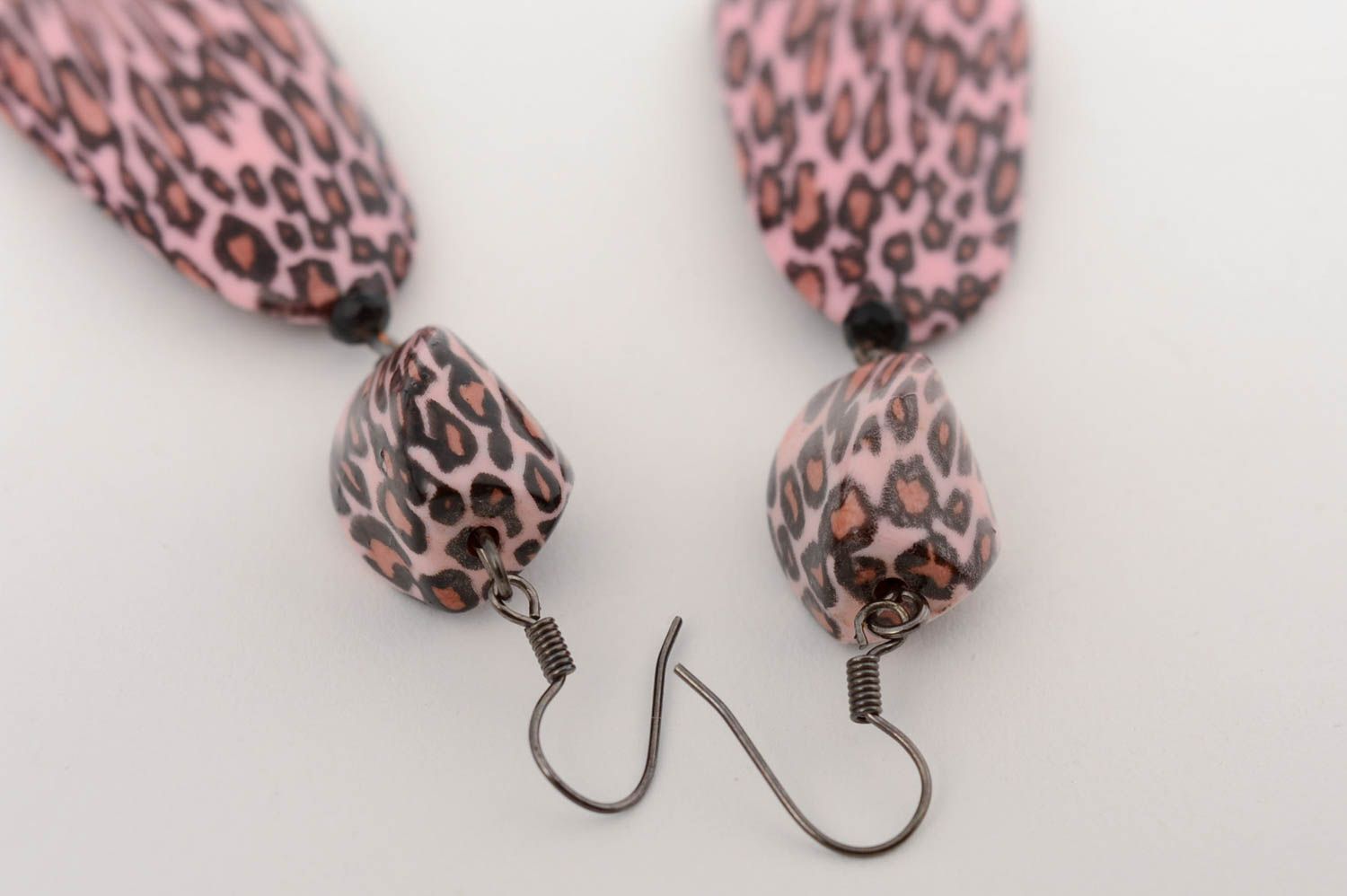 Handmade designer long female plastic earrings with animal print  photo 3