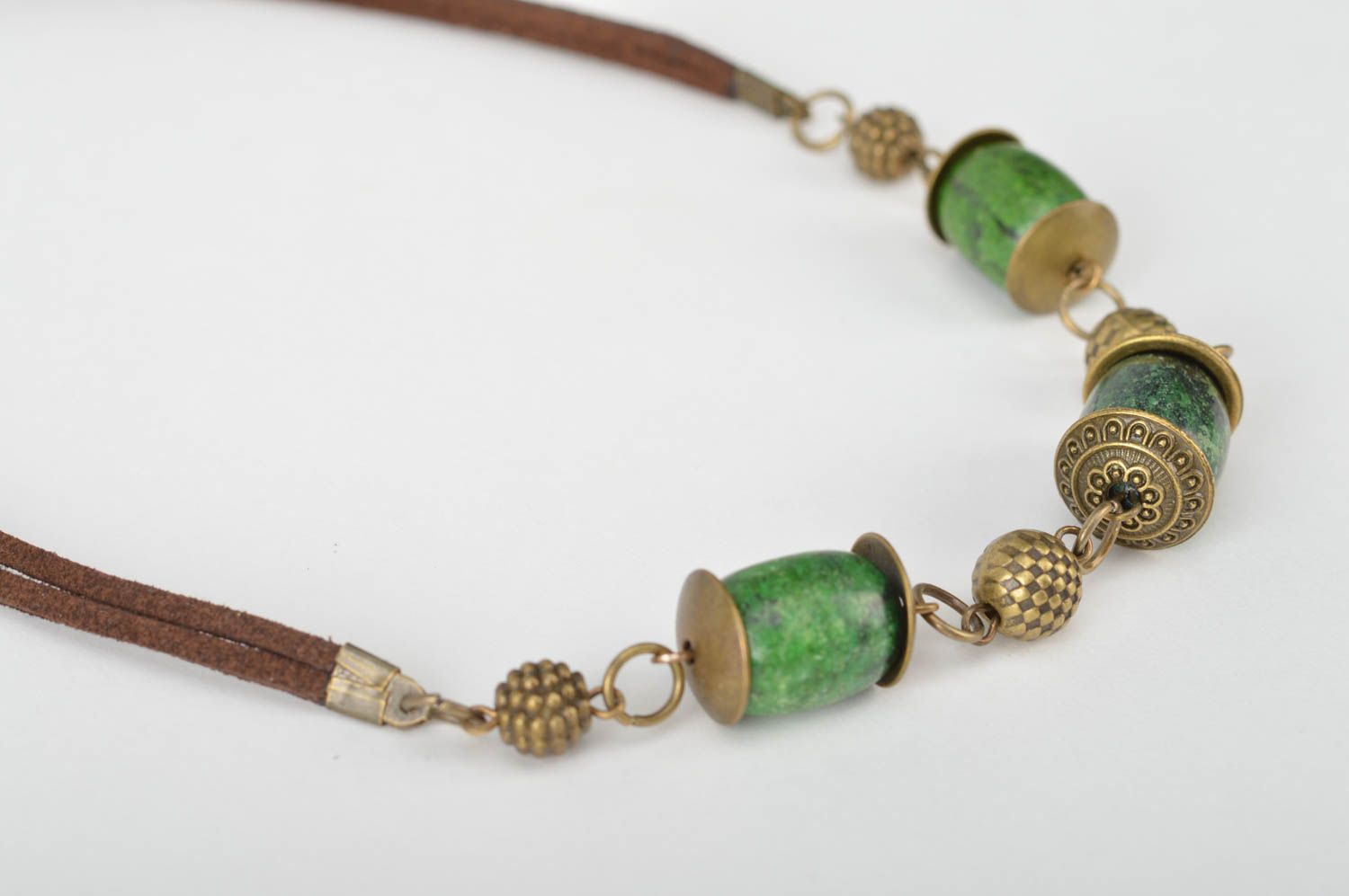 Unusual handmade designer metal necklace on cord with green beads photo 3