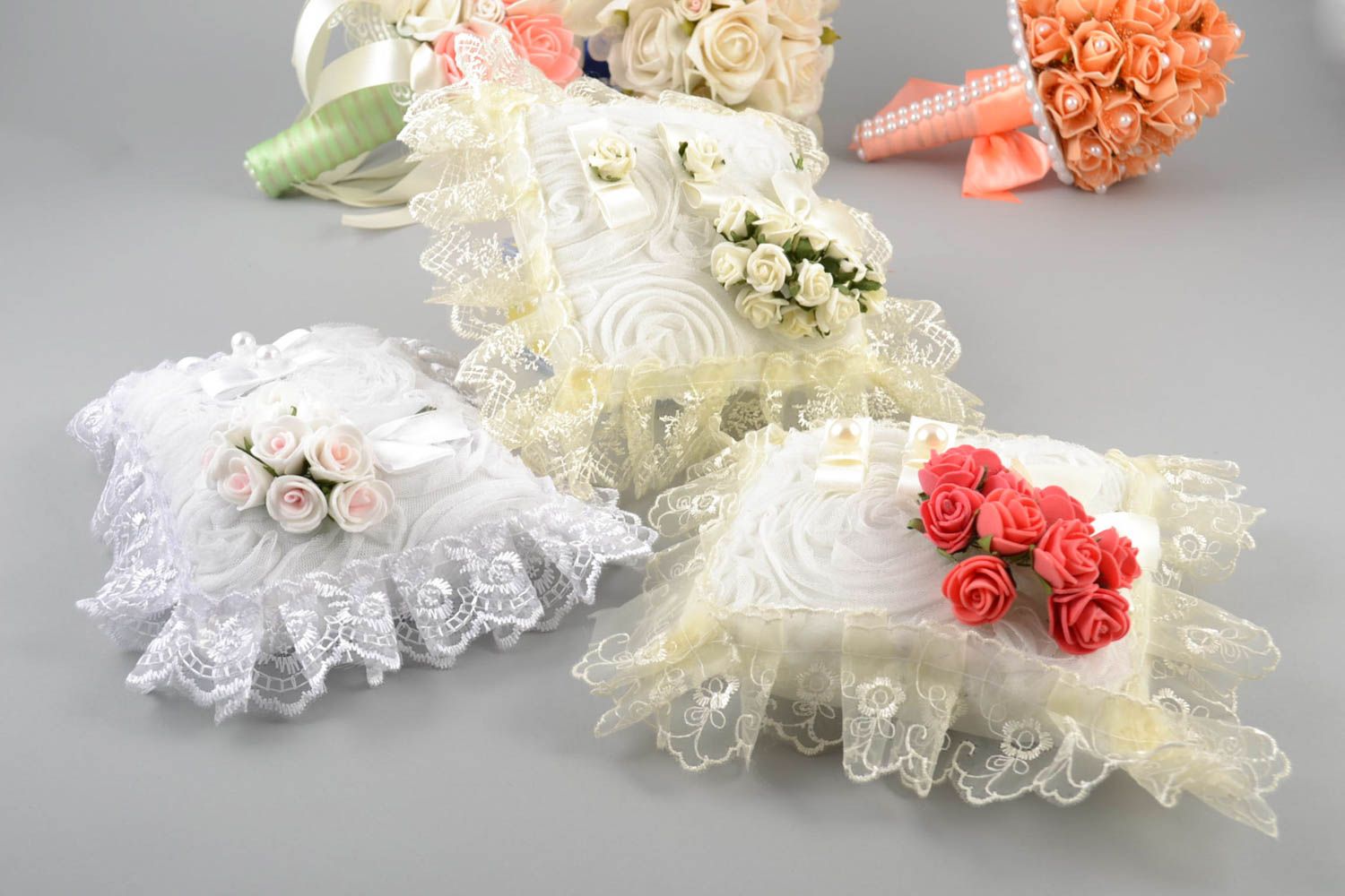 Handmade wedding openwork set of white pillows for rings with flowers 3 pieces photo 1