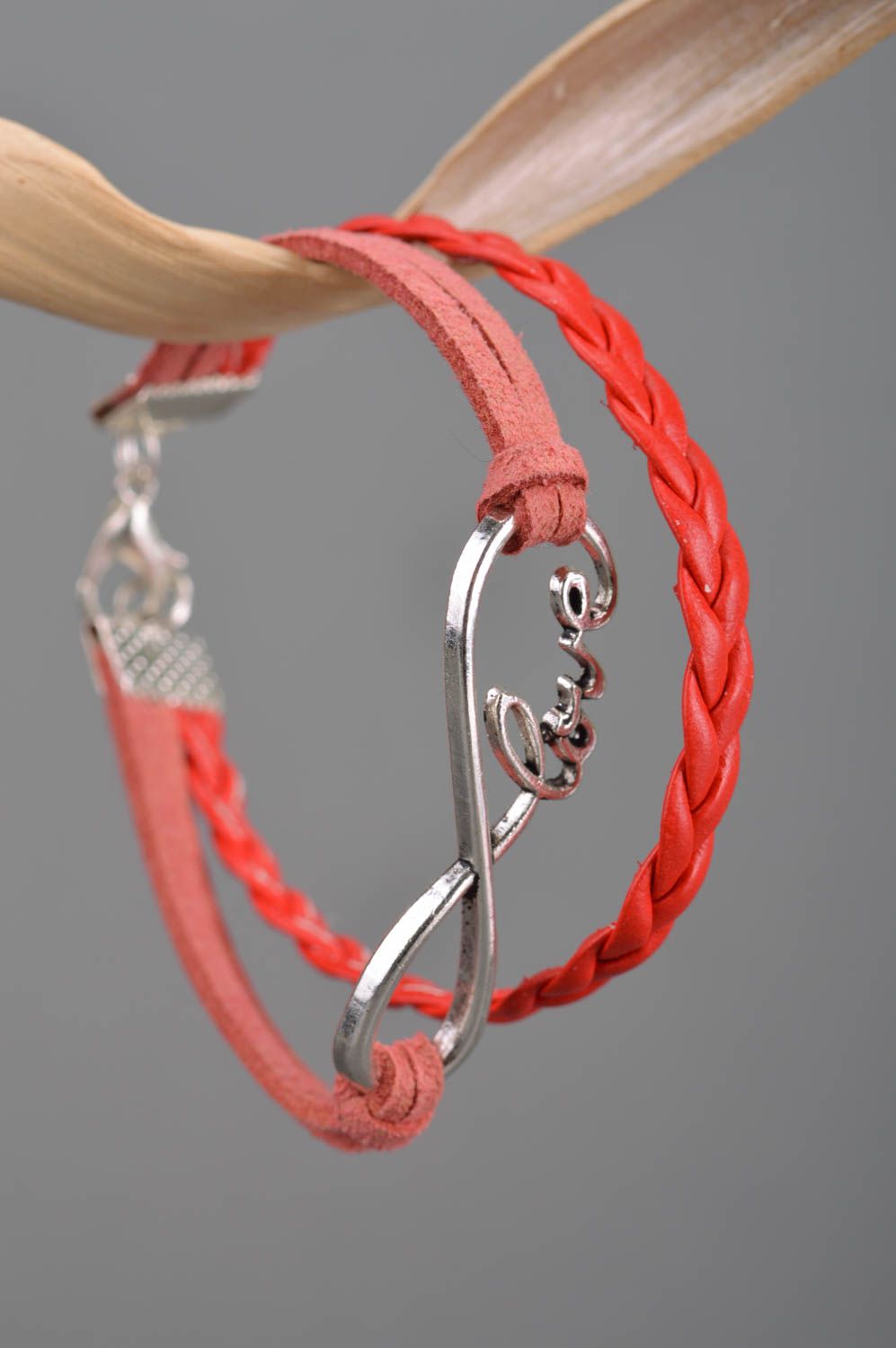 Designer red suede cord handmade wrist bracelet woven with metal insert Love photo 3