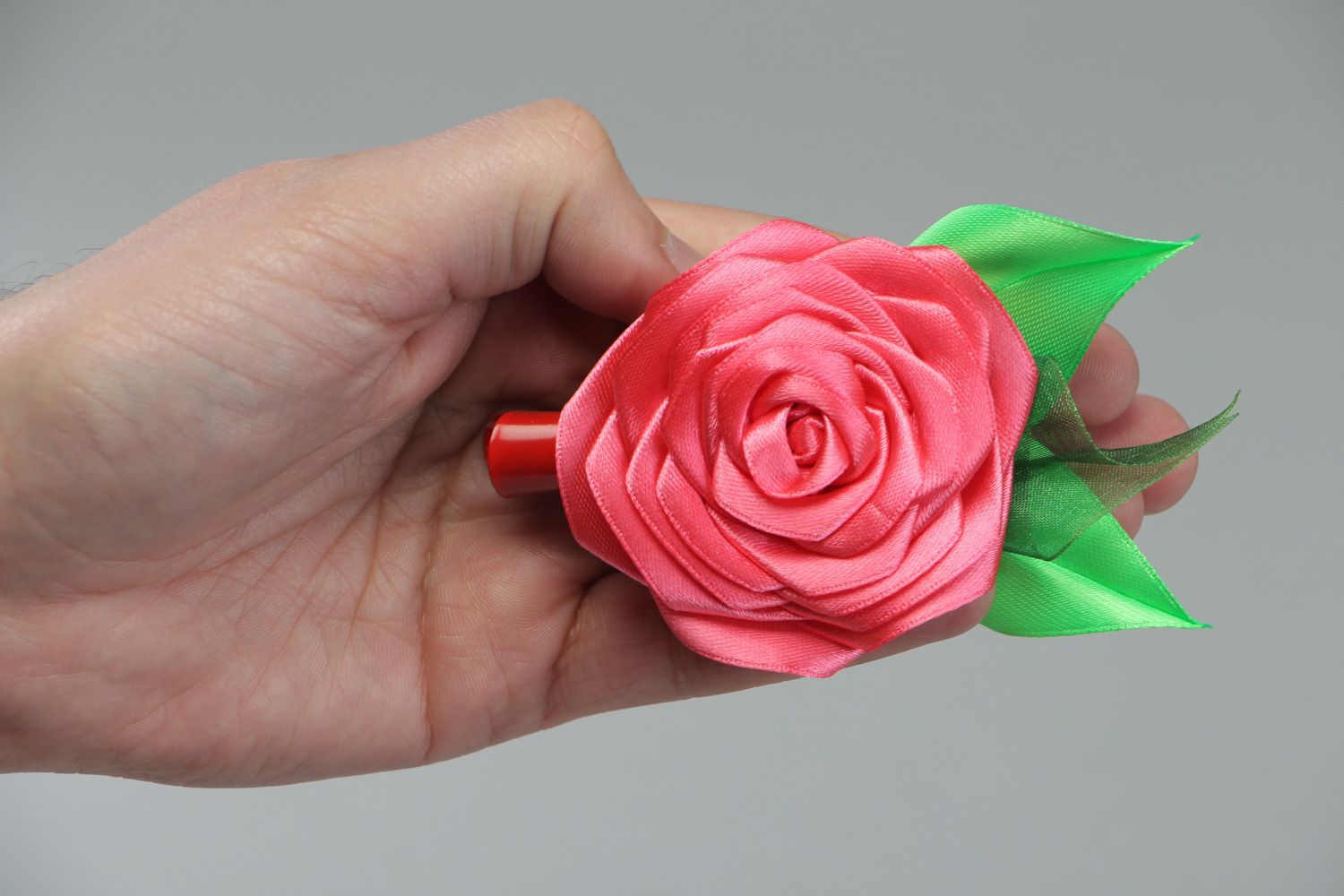 Handmade bright hair clip with volume pink flower sewn of satin fabric photo 4