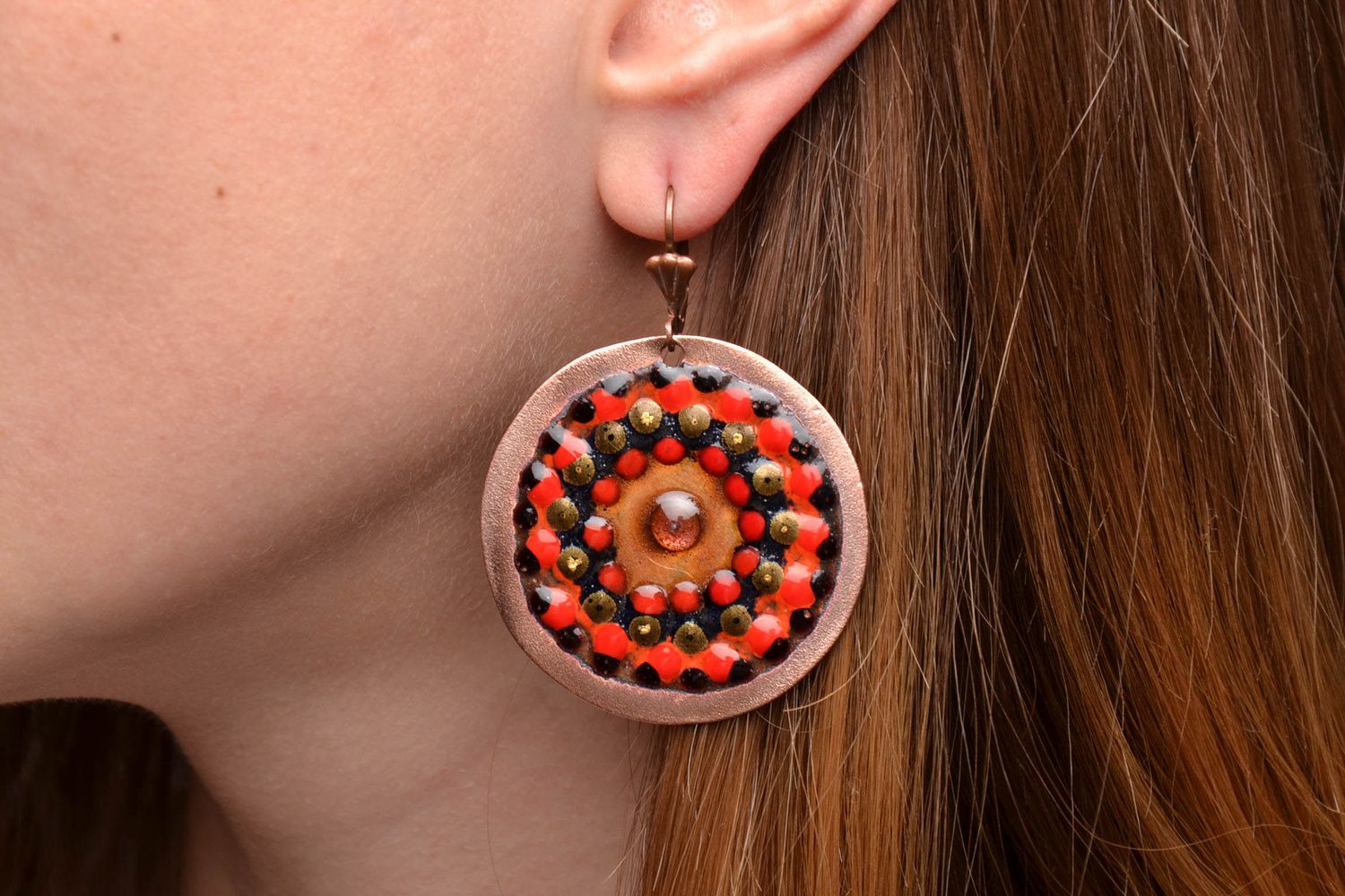 Handmade copper earrings painted with enamels photo 2