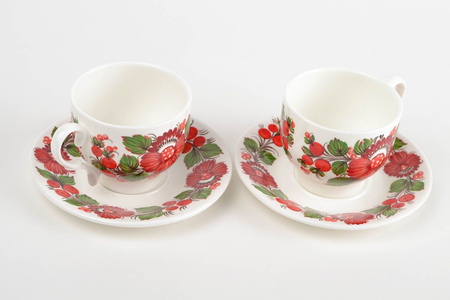 Set of 5 oz white coffee cups set of two cups with handle and saucer photo 5