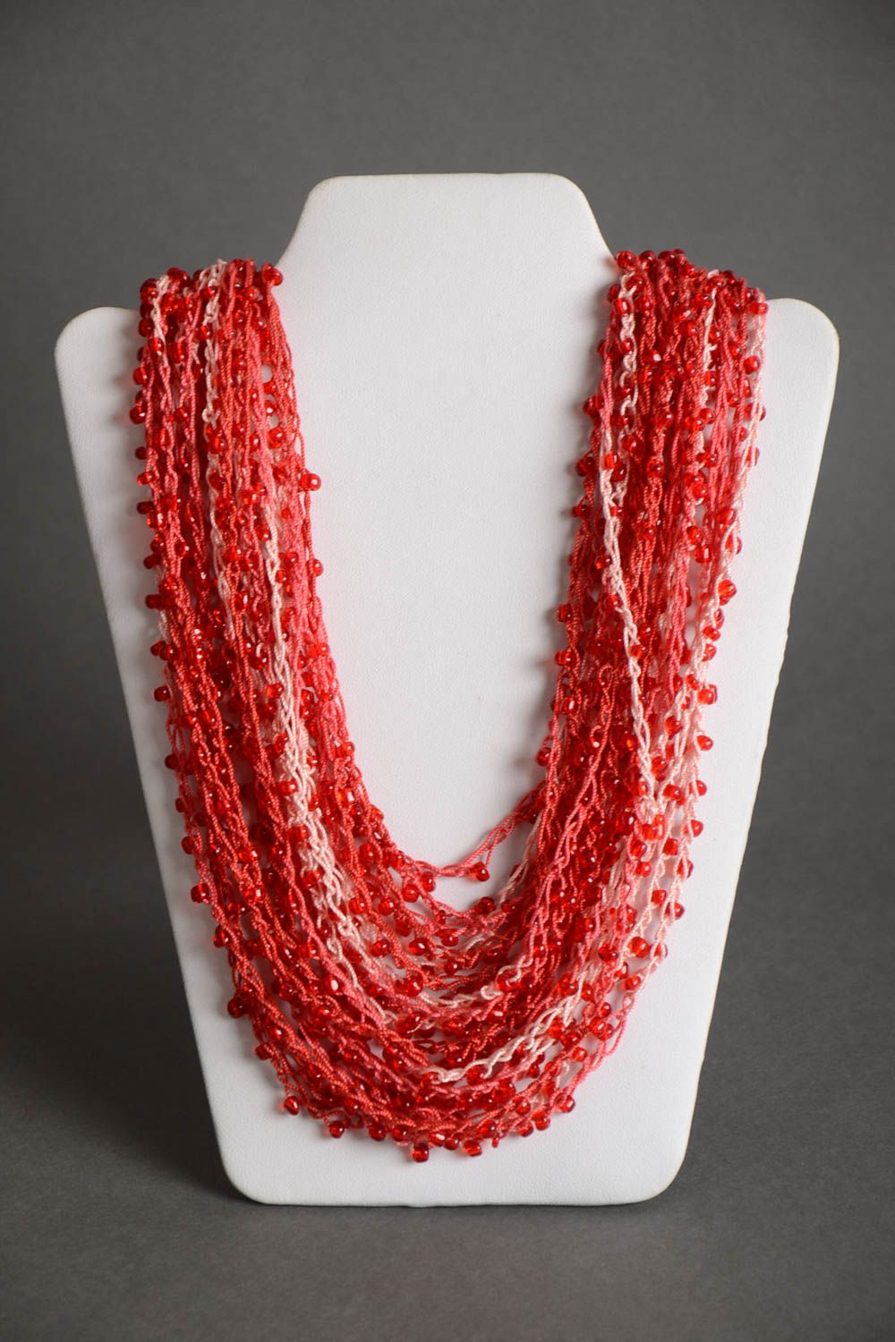 Handmade multi row designer crocheted necklace with Czech beads in red color photo 2