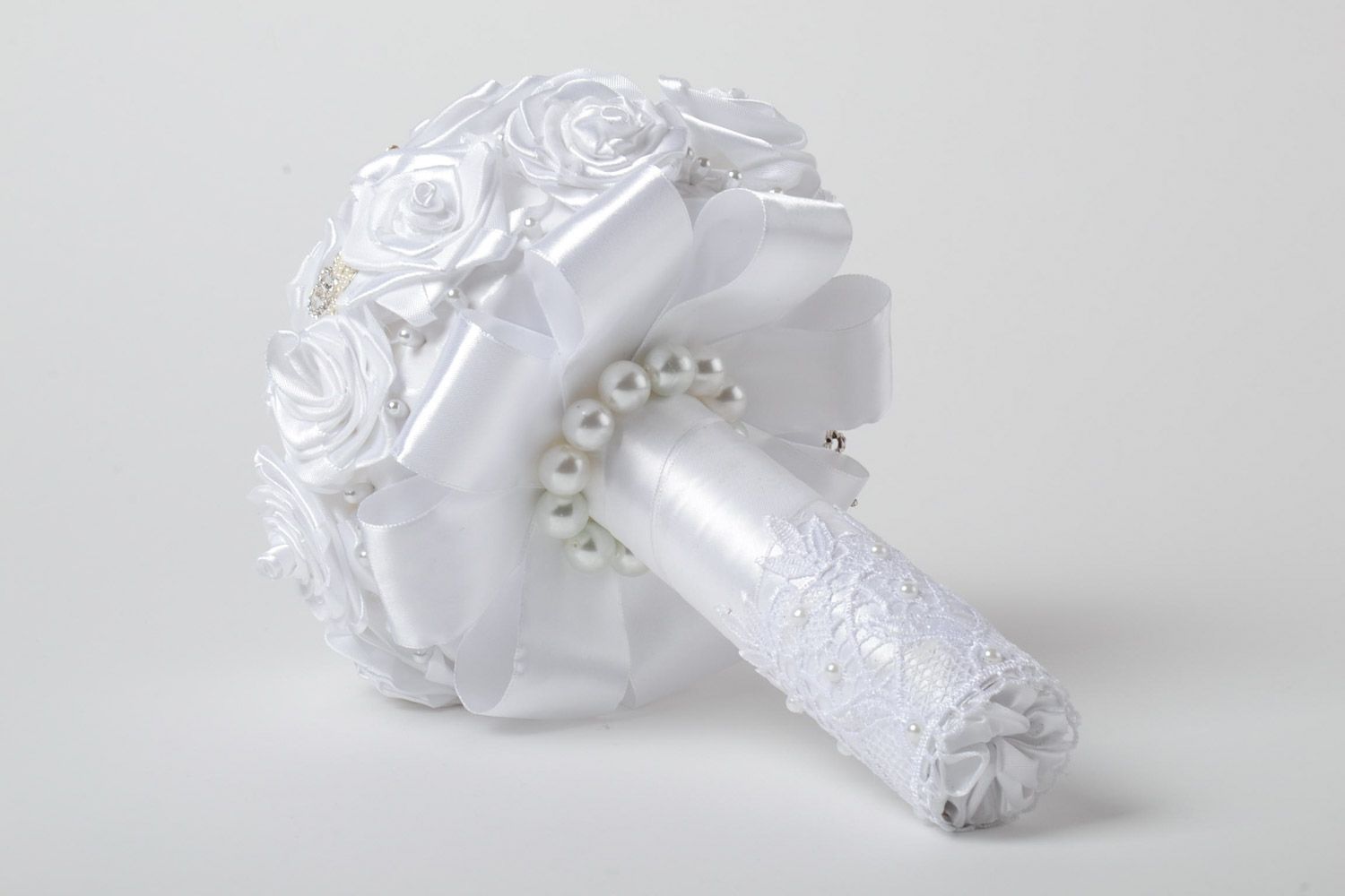 Snow white festive handmade wedding bouquet with satin ribbon flowers photo 3