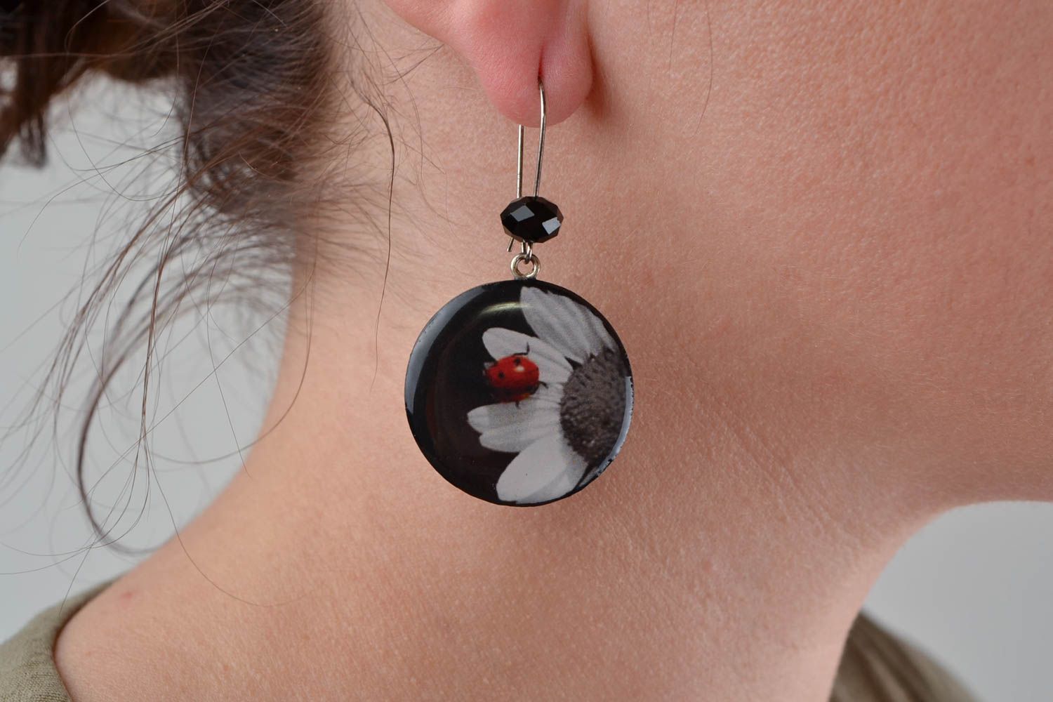 Beautiful homemade polymer clay round earrings with decoupage dark with flowers photo 2