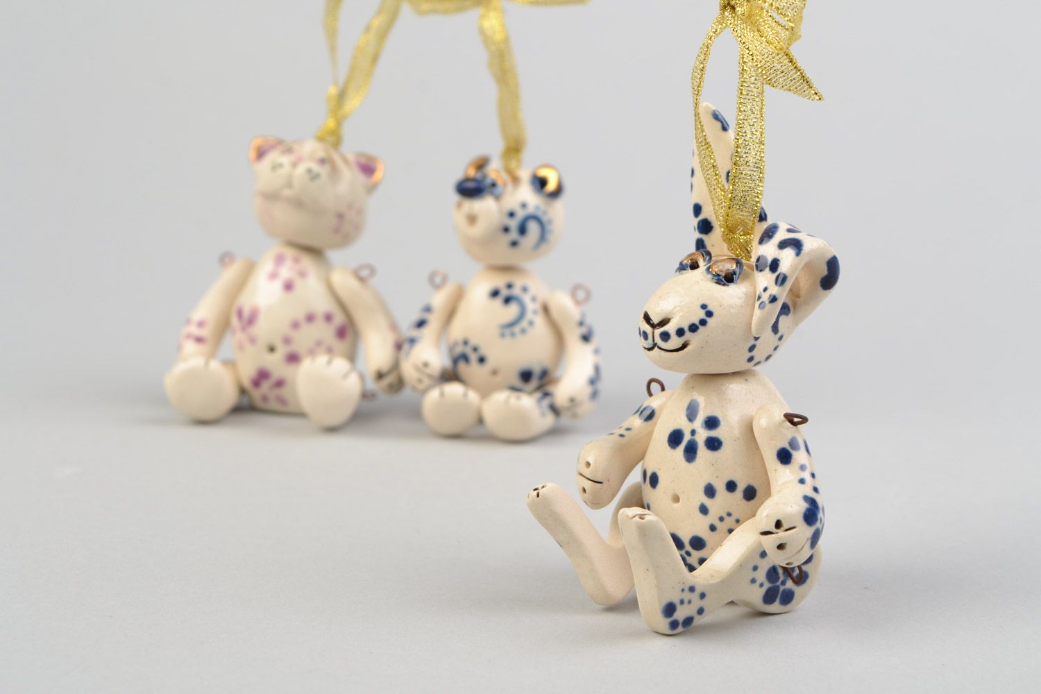 Set of 3 handmade ceramic wall hangings with ribbons bear rabbit and cat photo 5