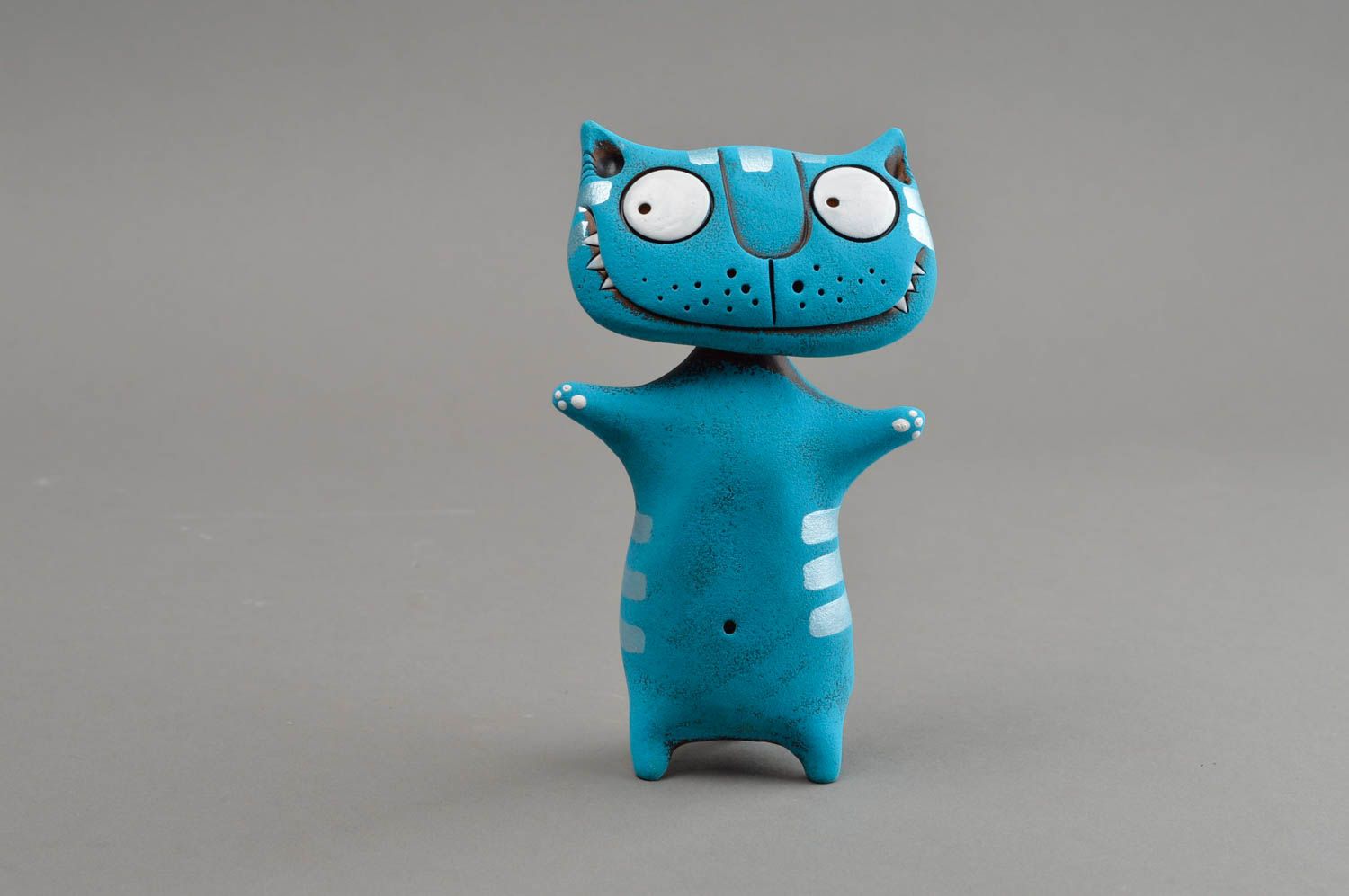 Синяя глиняная статуэтка ручной работы авторского дизайна расписная Кот фото 2